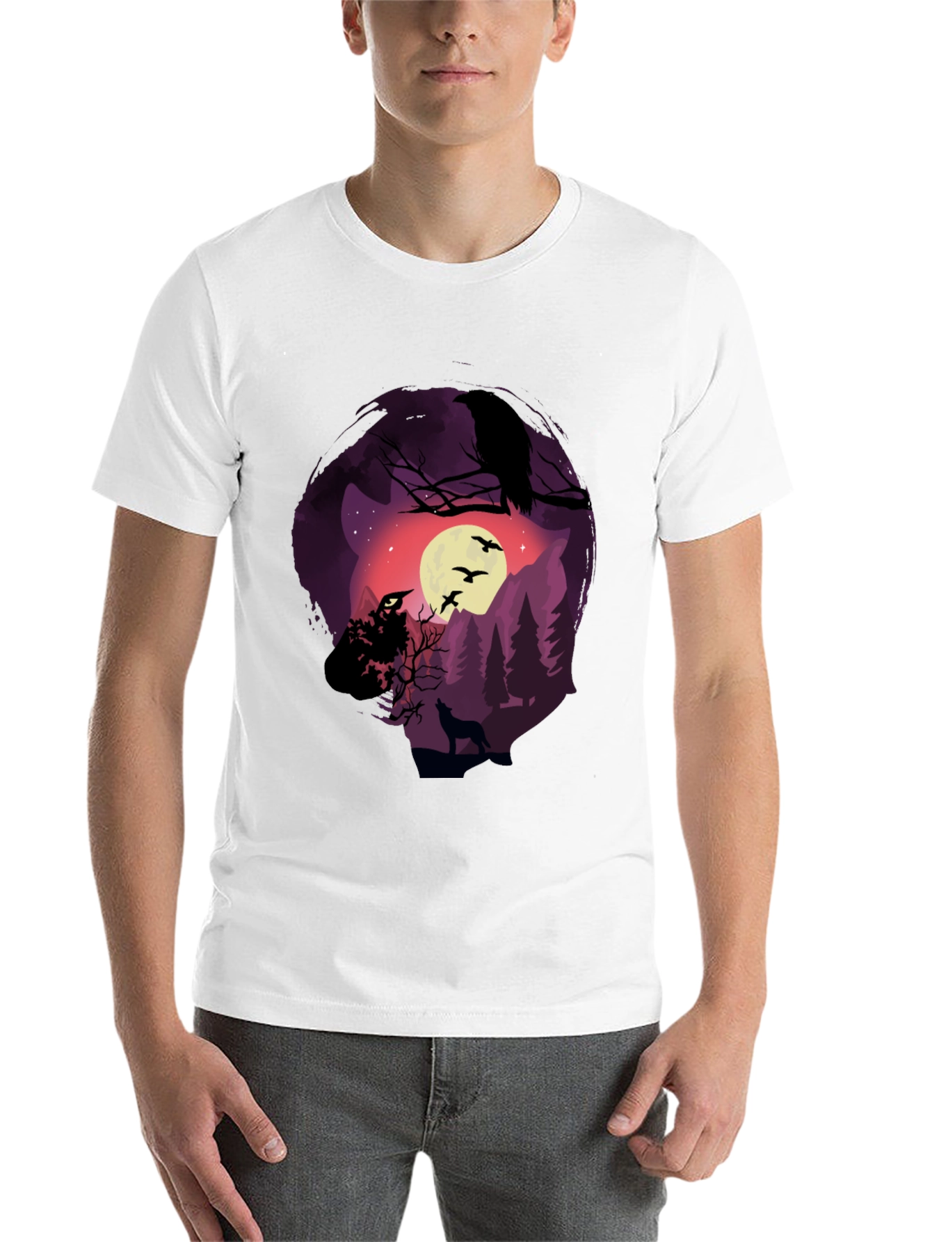 Black Raven Moon Wolf Graphic T-Shirt view 14