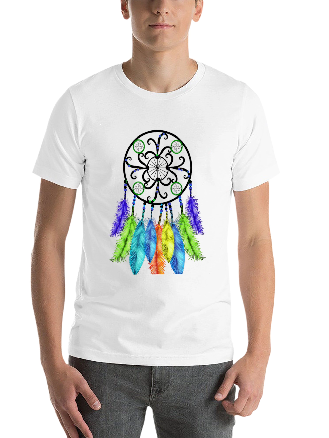 Black Dreamcatcher T-Shirt - Black Cotton Tee with Colorful Feather Design view 14