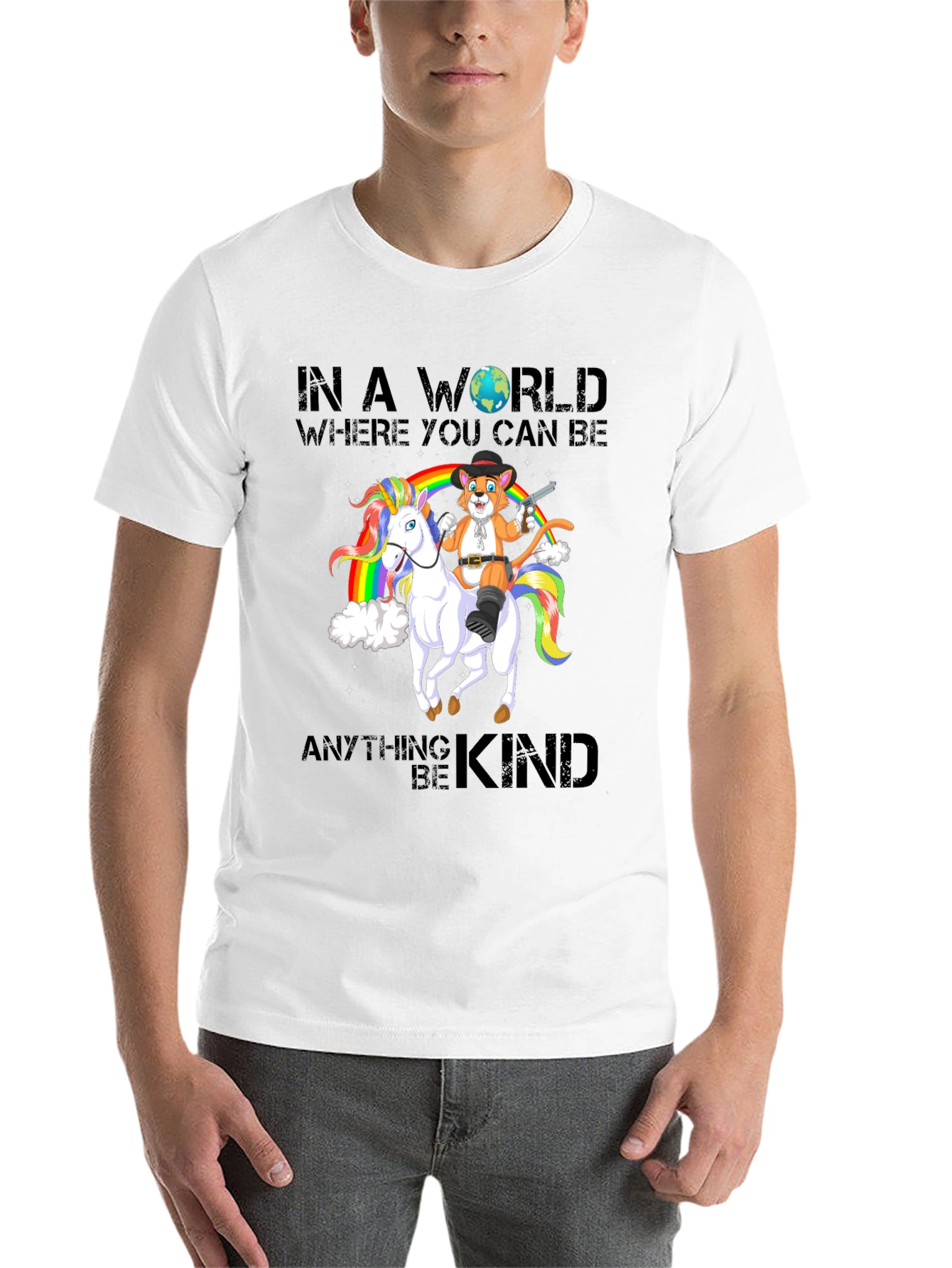 Black Be Kind T-Shirt: Cat Cowboy Riding Unicorn view 14