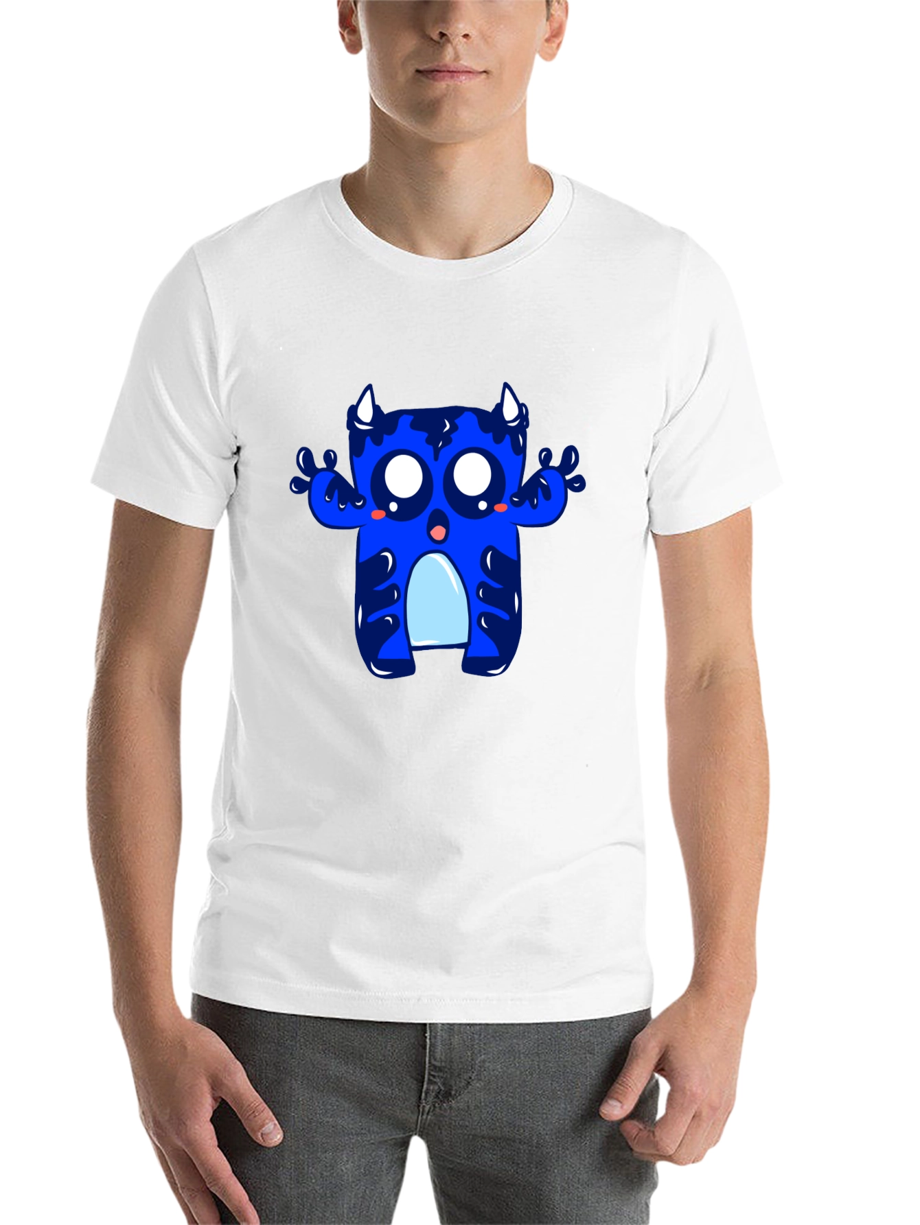 Black Cute Blue Monster Graphic Tee - Black Cotton T-Shirt view 14
