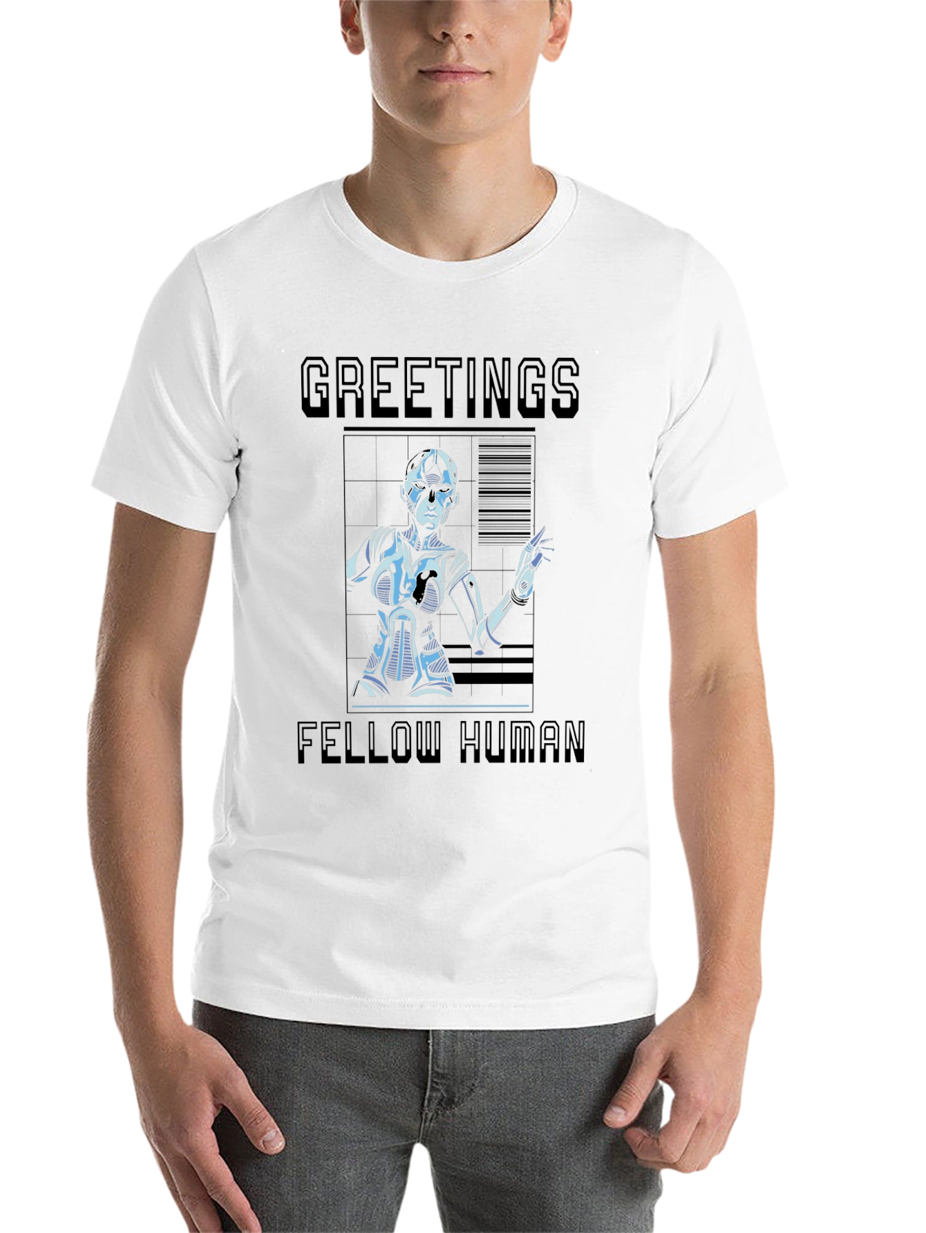 Black Greetings Fellow Human T-Shirt - Sci-Fi Robot Design view 14
