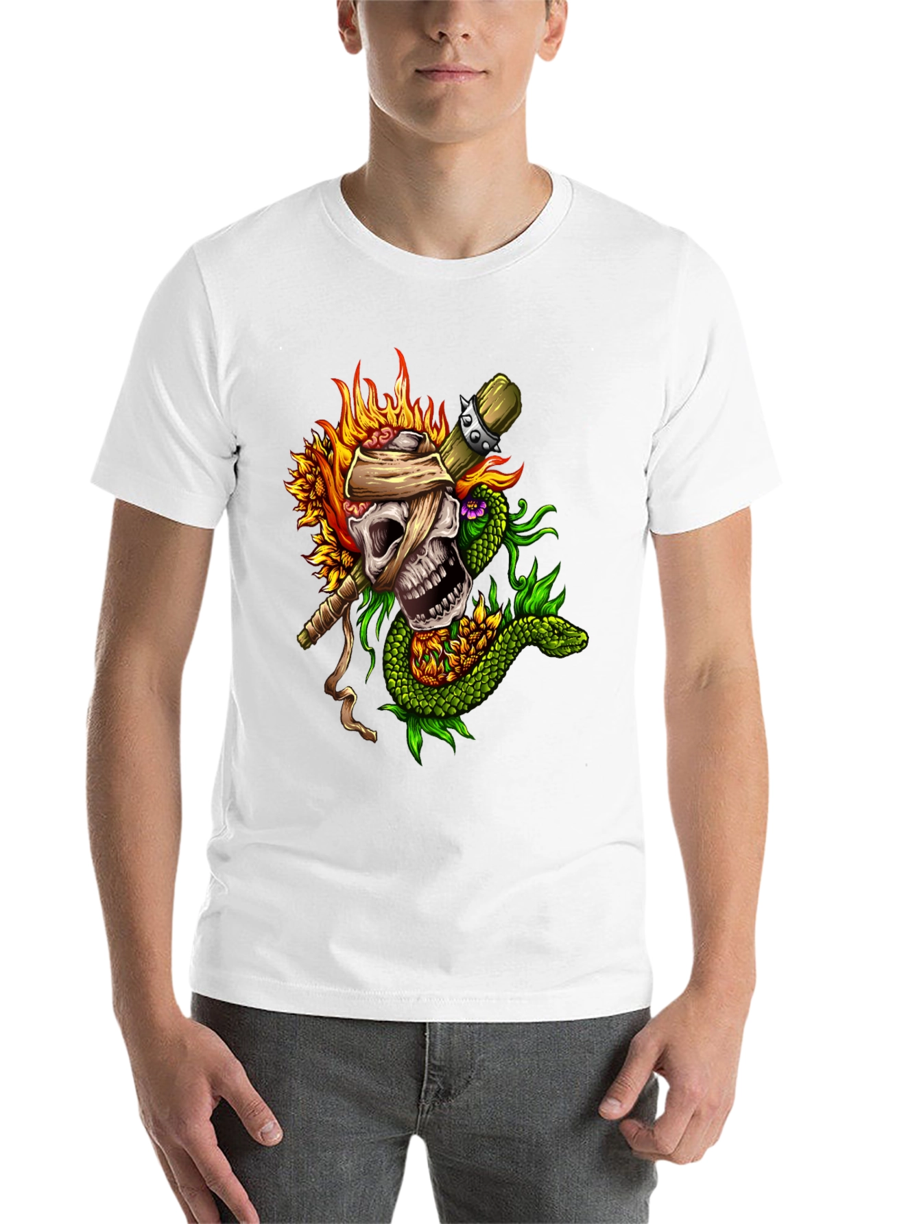 Skull, Snake, Sunflowers Black T-Shirt - 14
