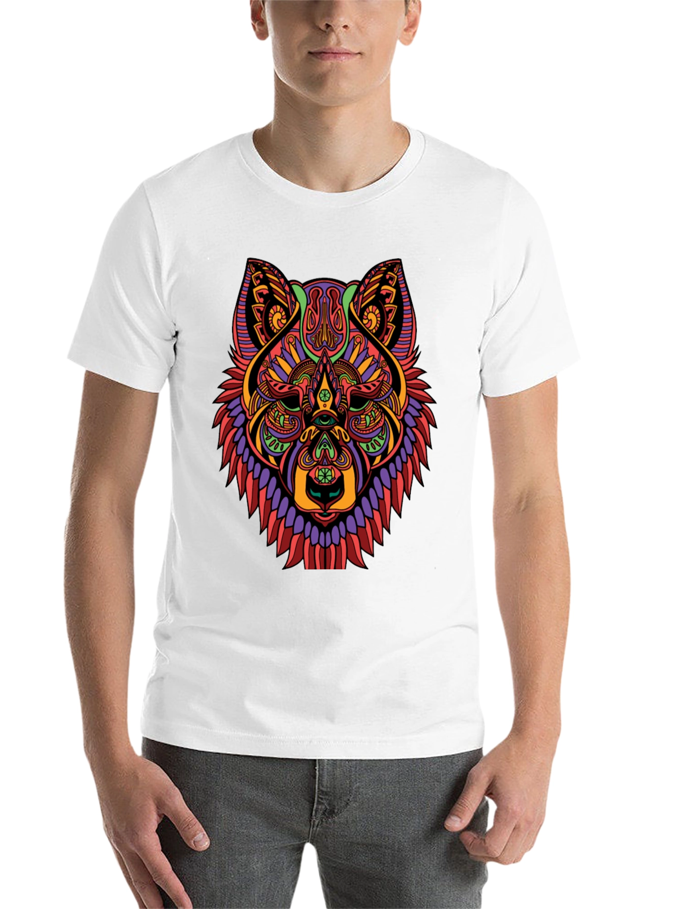 Black Psychedelic Wolf Graphic Print Black T-Shirt view 14