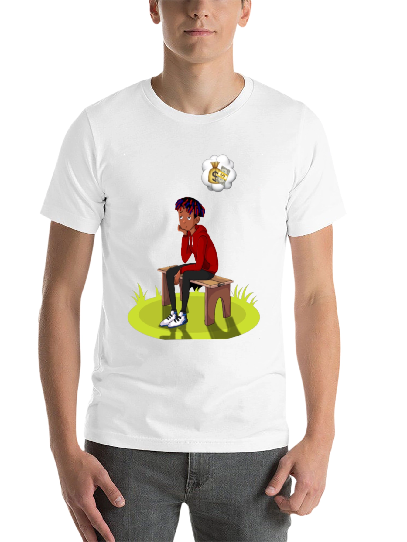 Black Cartoon Graphic Tee -  Boy on Bench Dreaming of Money view 14