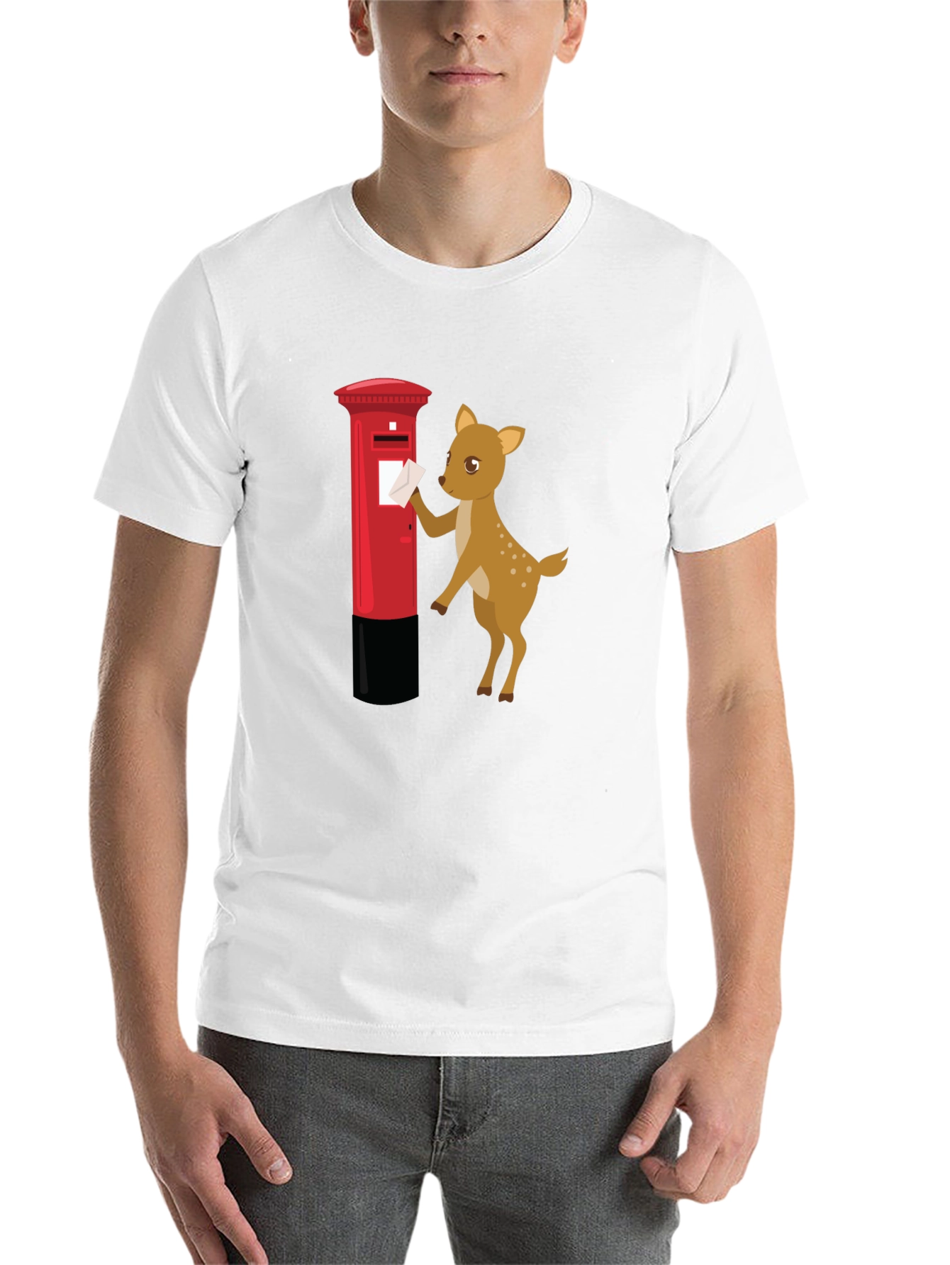 Black Cartoon Deer Posting Letter T-Shirt view 14