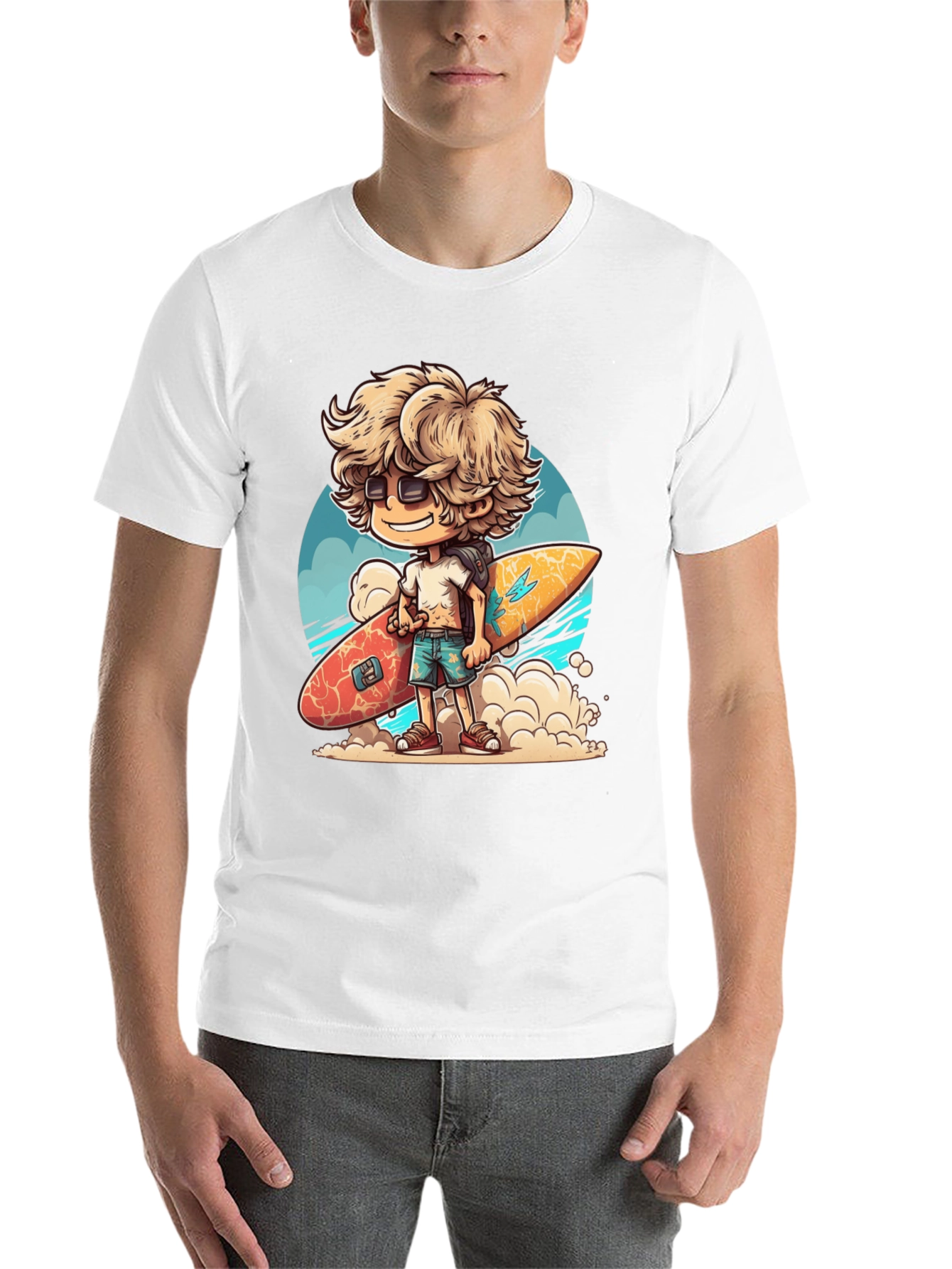 Black Surfer Dude Cartoon Graphic T-Shirt view 14