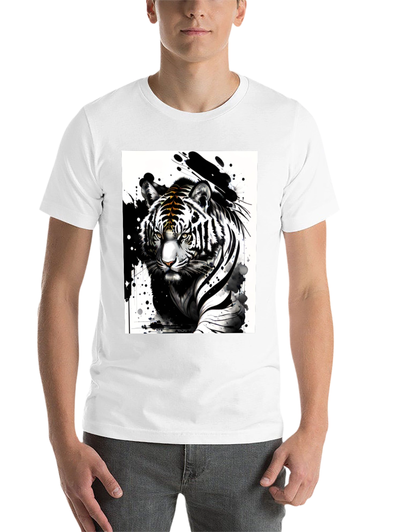 Black Tiger Ink Art Graphic Tee - Black Cotton Blend T-Shirt view 14