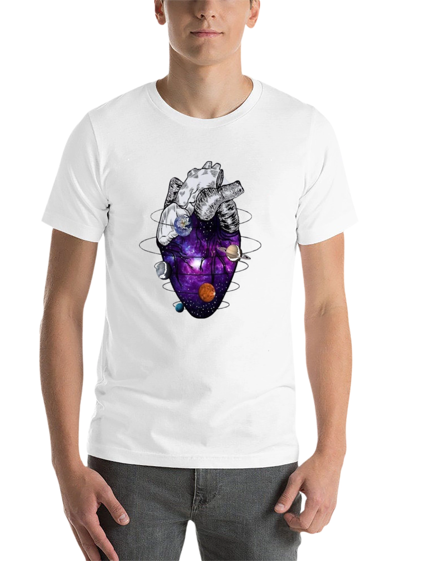 Black Anatomical Heart Planets Universe Men's T-Shirt view 14