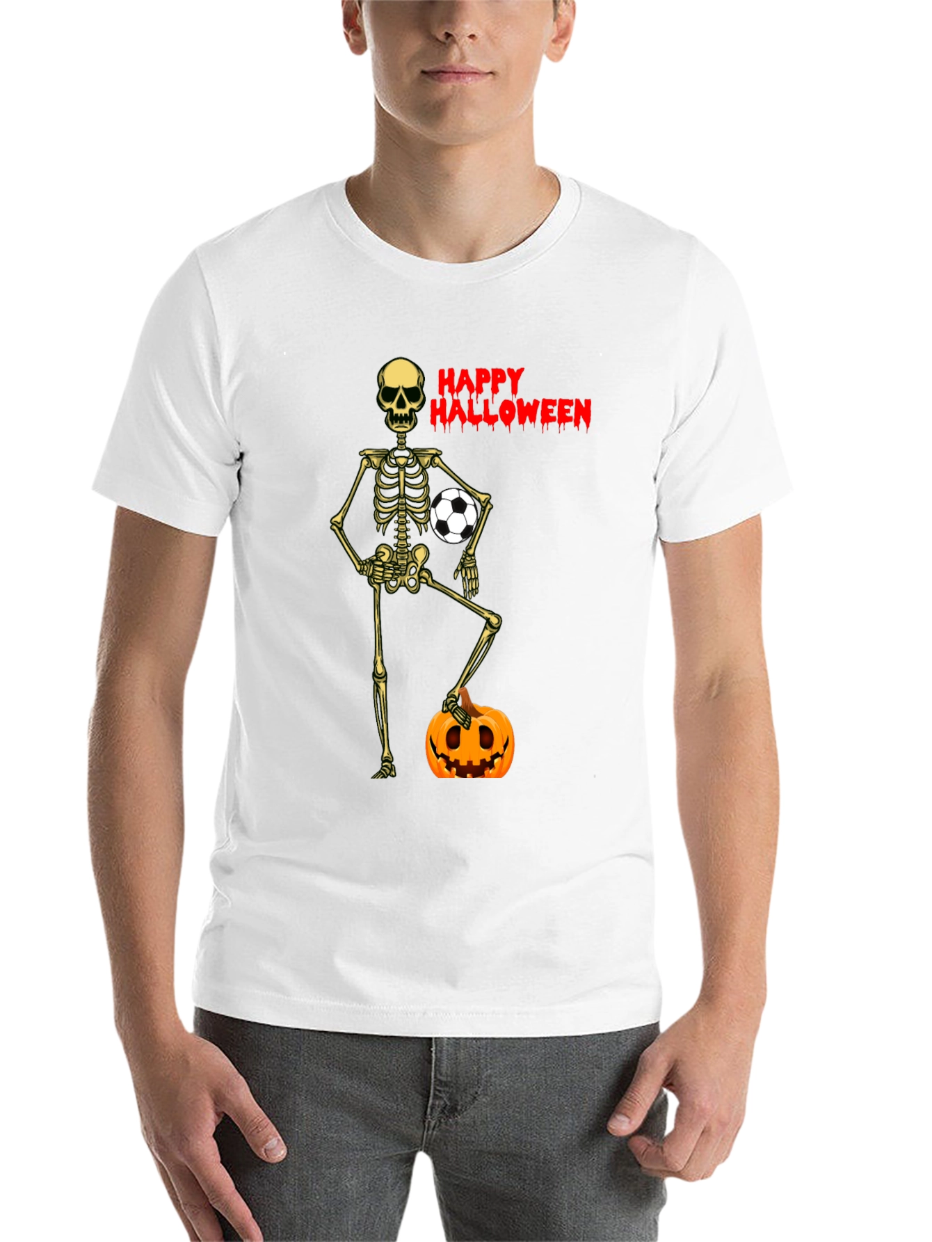 Black Happy Halloween Skeleton Soccer T-Shirt view 14