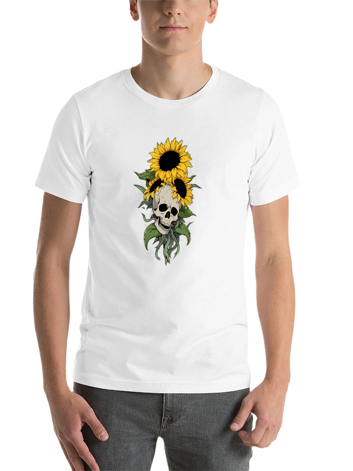 Black Skull & Sunflower Graphic Tee - Stylish Black T-Shirt view 14
