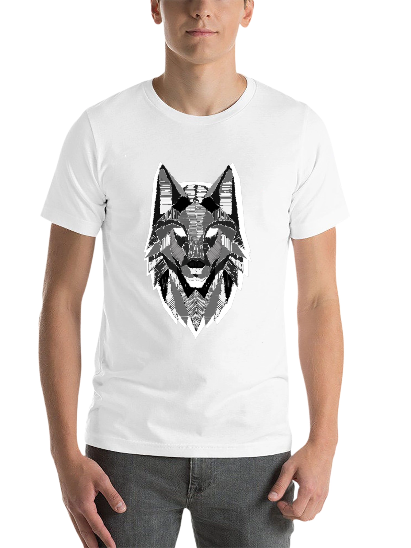 Black Geometric Wolf Head Graphic Print Black T-Shirt view 14