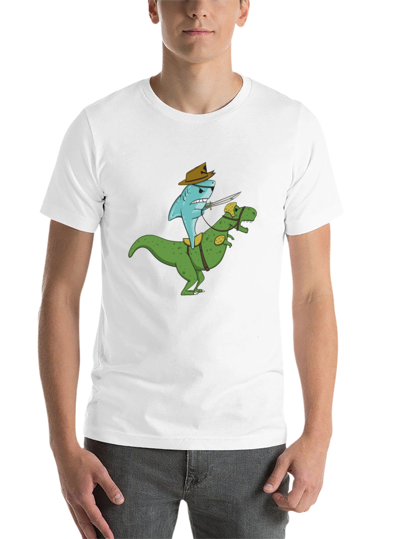 Black Shark Riding Dinosaur T-Shirt - Funny Graphic Tee view 14