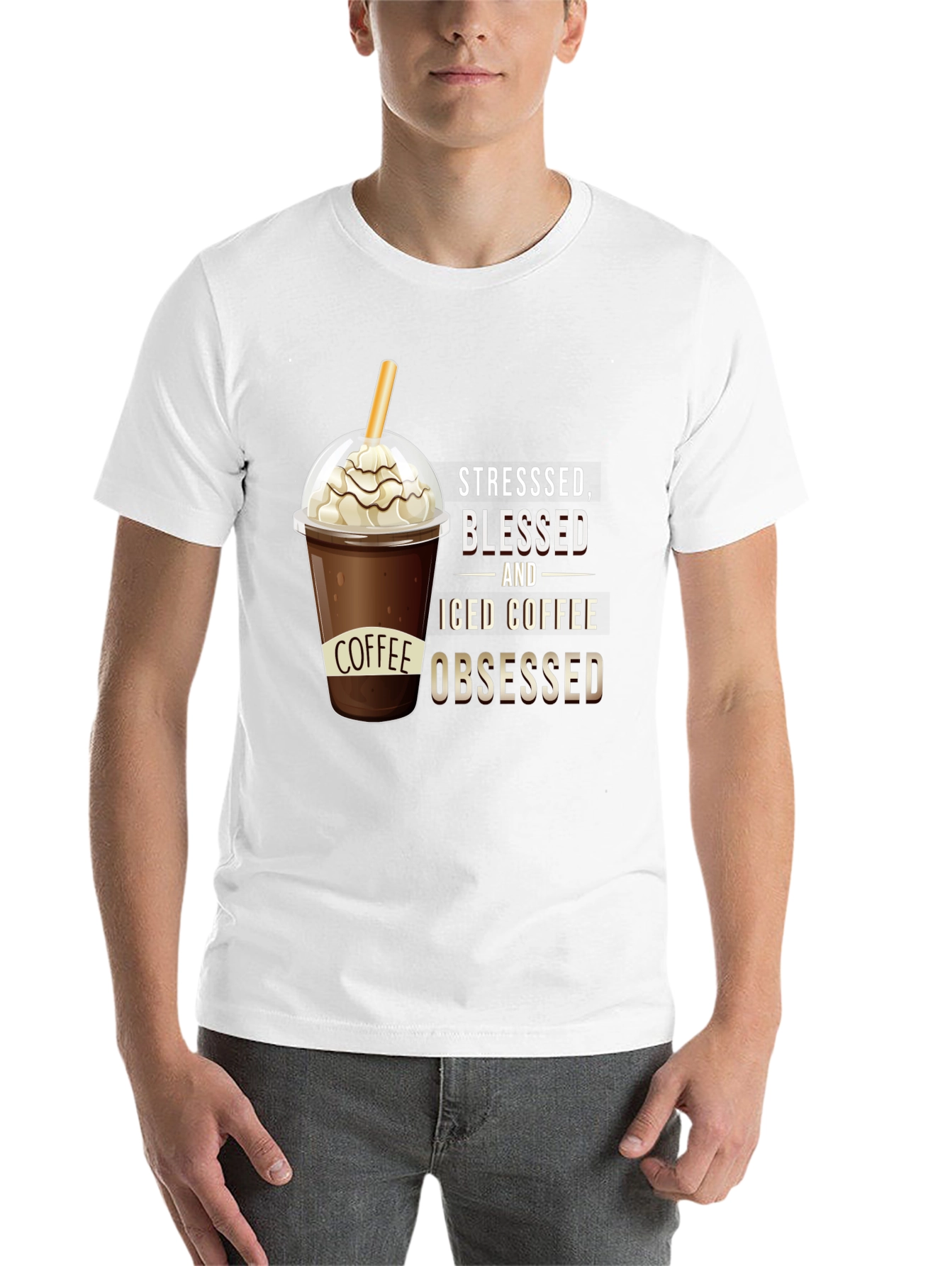 Black Stressed, Blessed, and Iced Coffee Obsessed T-Shirt view 14