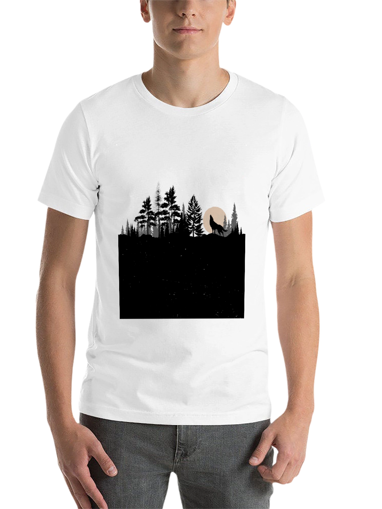 Black Wolf Howling at Moon in Forest T-Shirt view 14