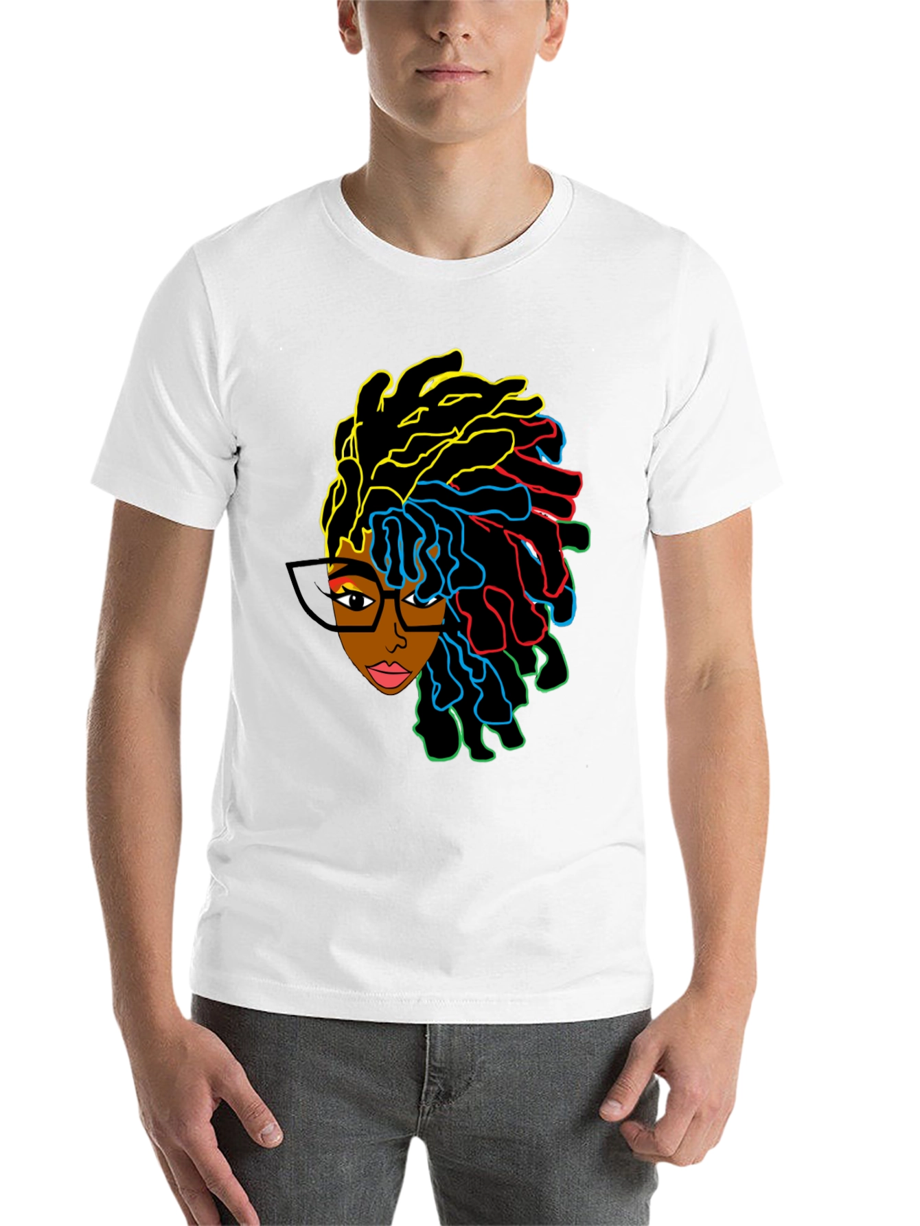 Black Stylish Graphic Tee - Afro Woman with Colorful Dreadlocks view 14