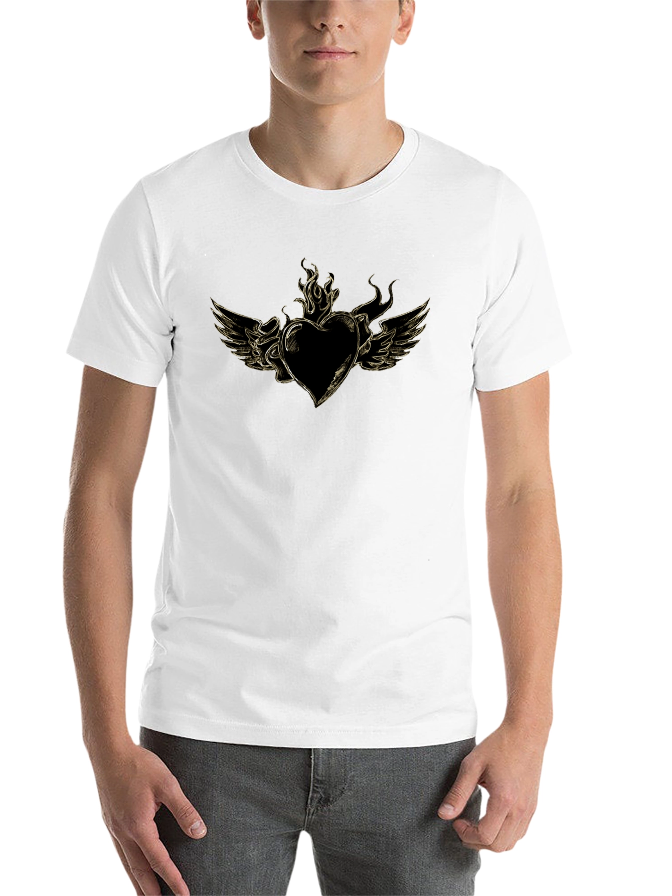 Black Men's Black T-Shirt with Heart and Wings Graphic view 14