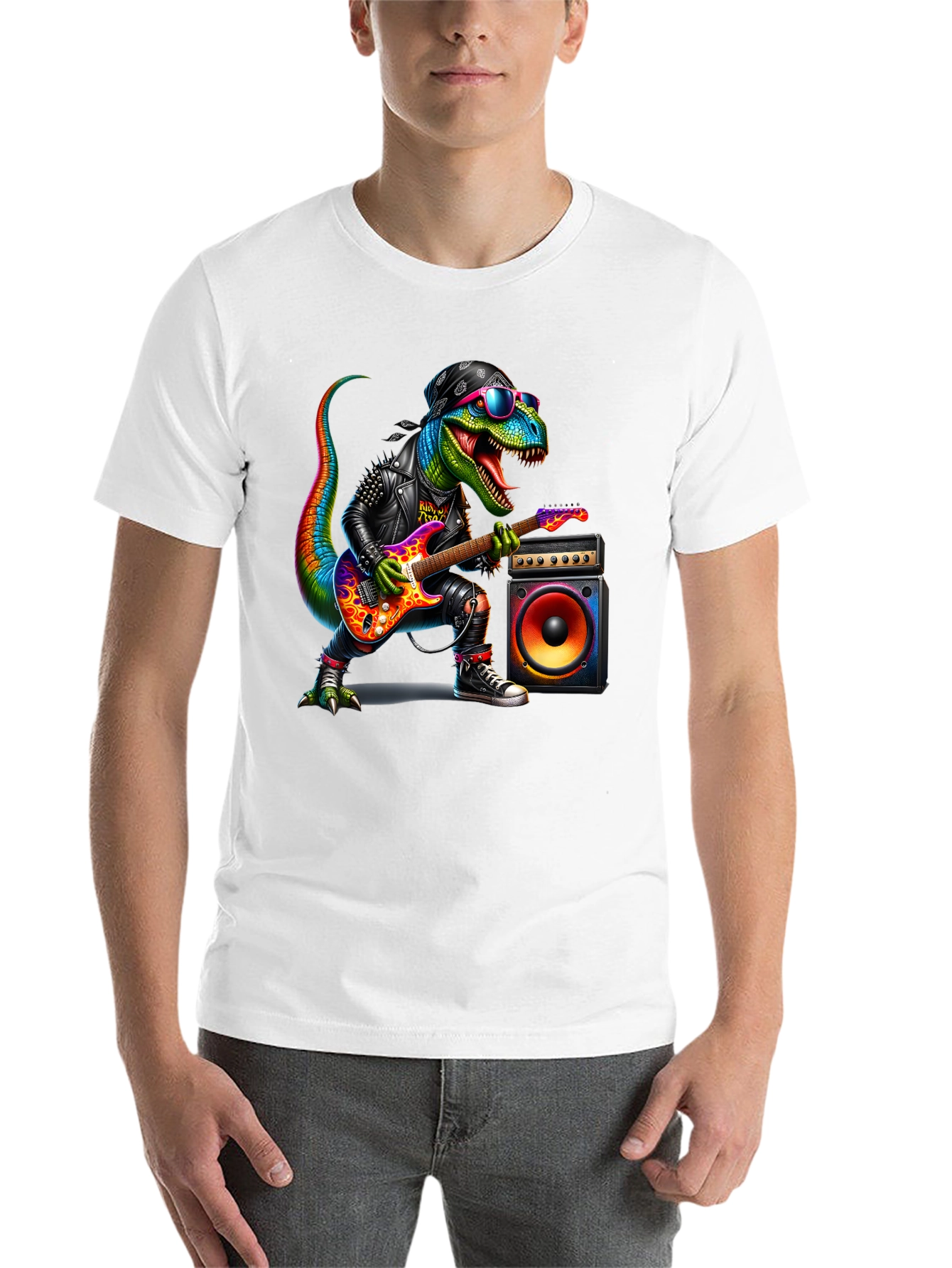 Black Rockin' Rex T-Shirt - Dinosaur Guitarist view 14