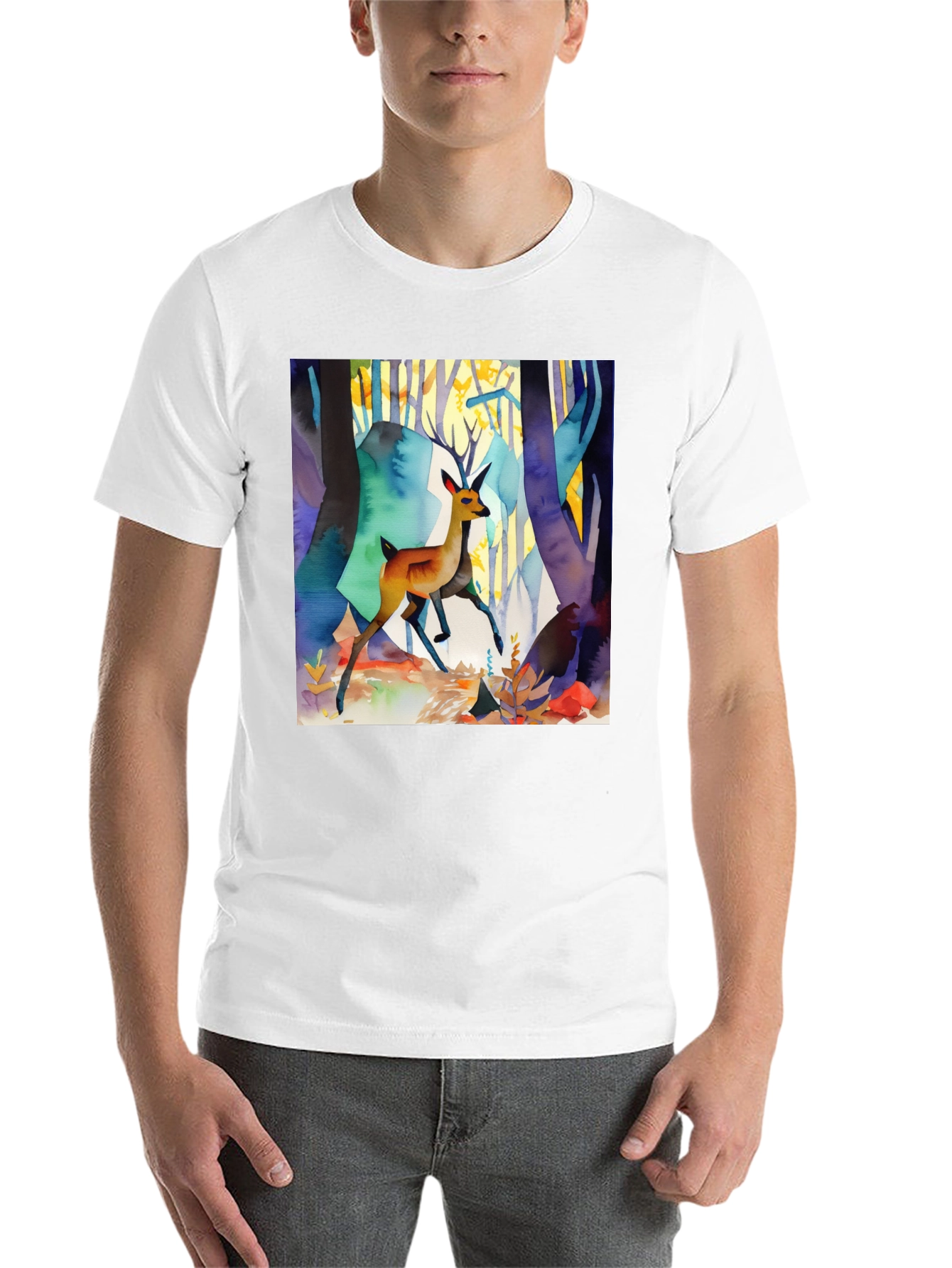 Black Watercolor Deer Forest Print Black T-Shirt view 14
