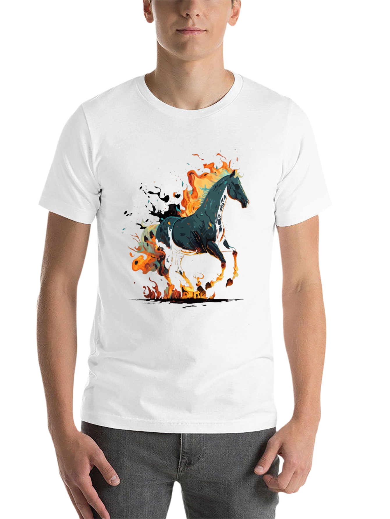 Flaming Horse Graphic Tee - Black Cotton Blend - 14