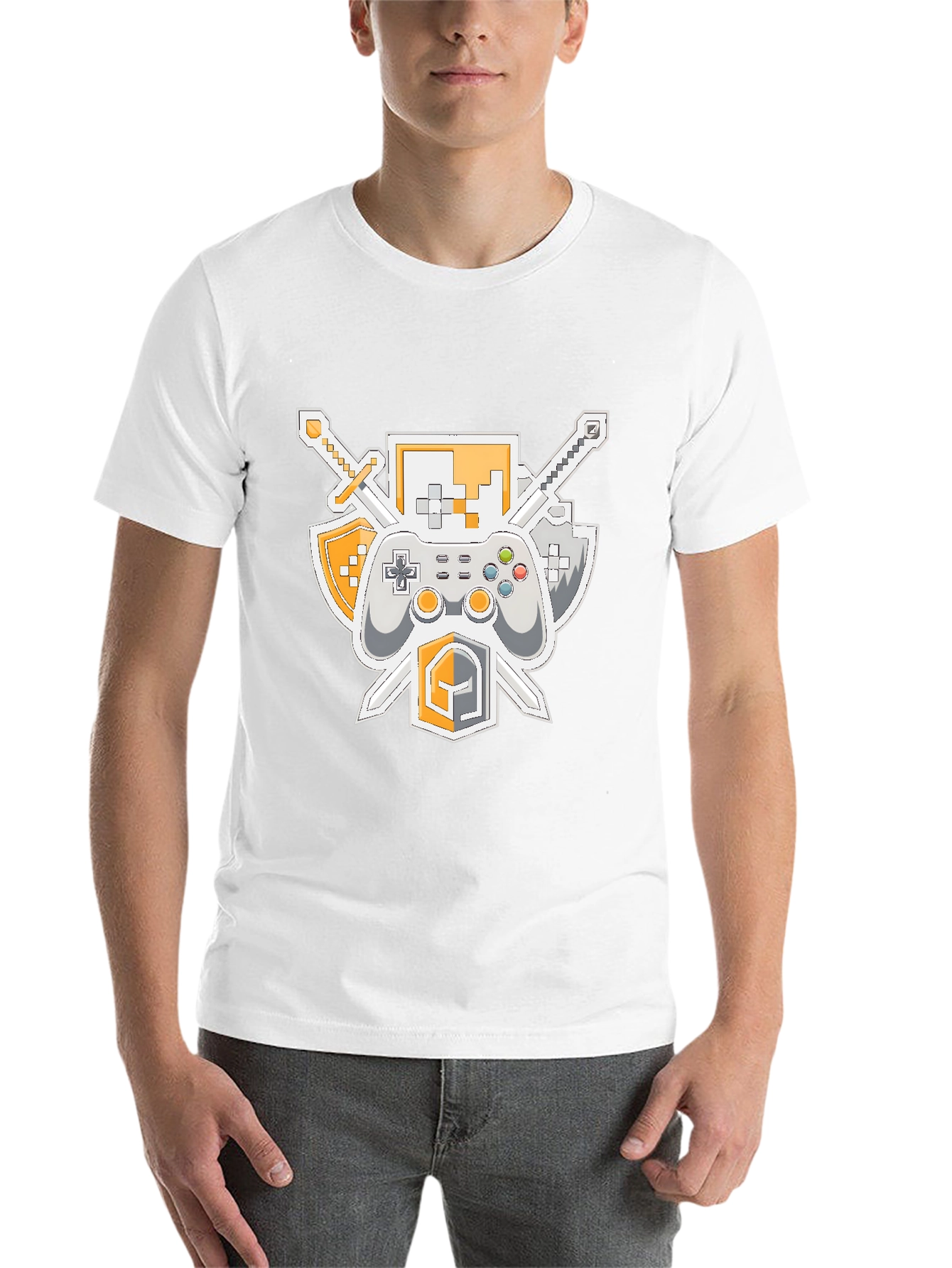 Black Gamer's Crest T-Shirt - Swords, Controller, & Shield Design view 14