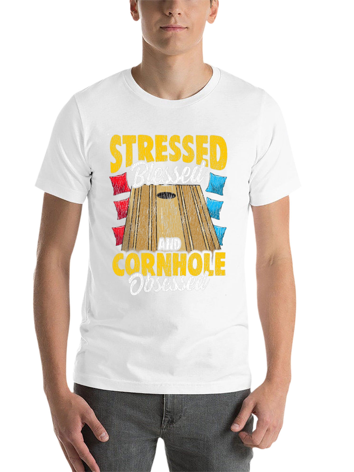 Black Stressed Blessed Cornhole Obsessed Graphic Tee view 14