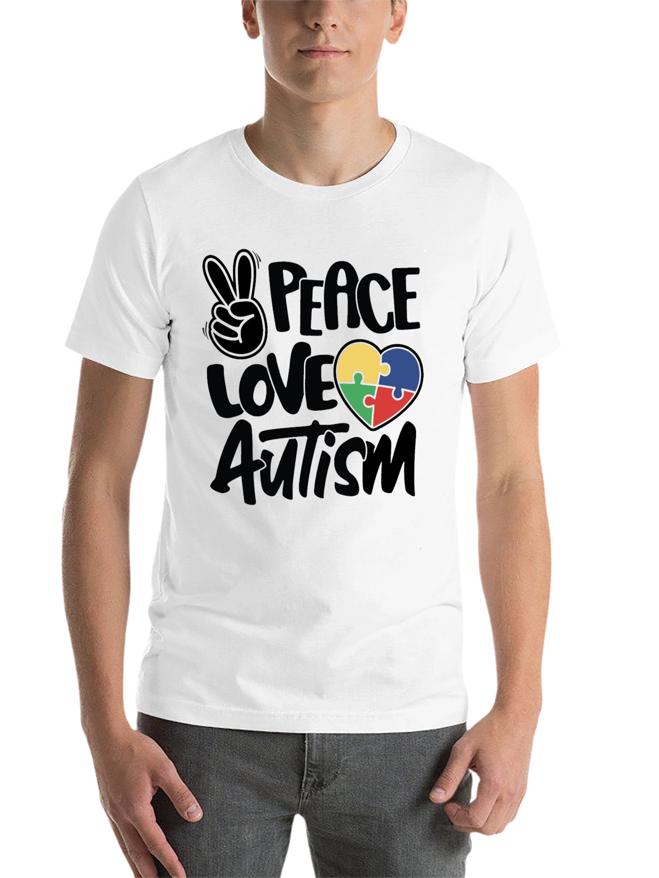 Black Peace Love Autism Puzzle Heart T-Shirt view 14