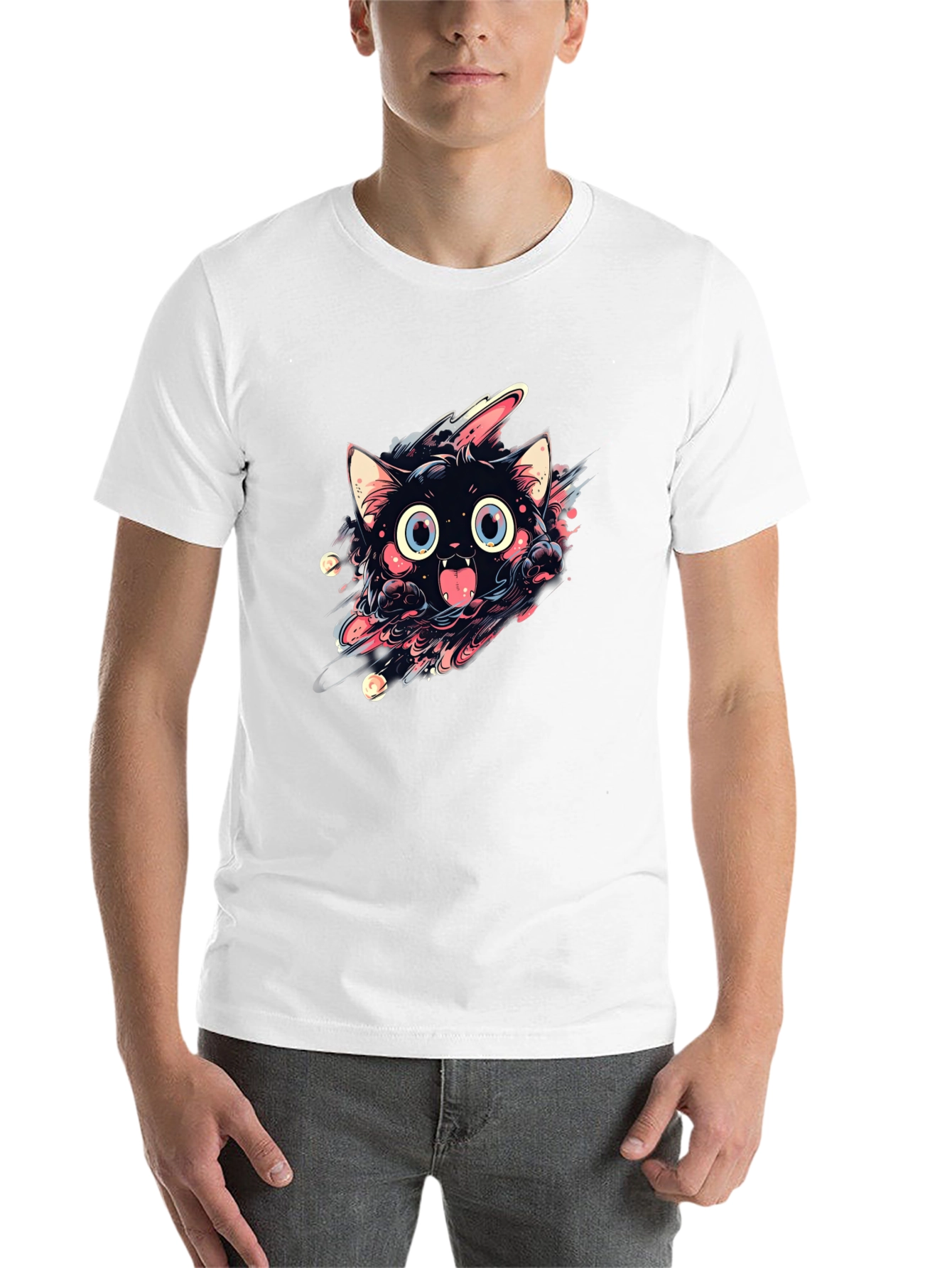 Black Cartoon Cat Graphic Black T-Shirt view 14