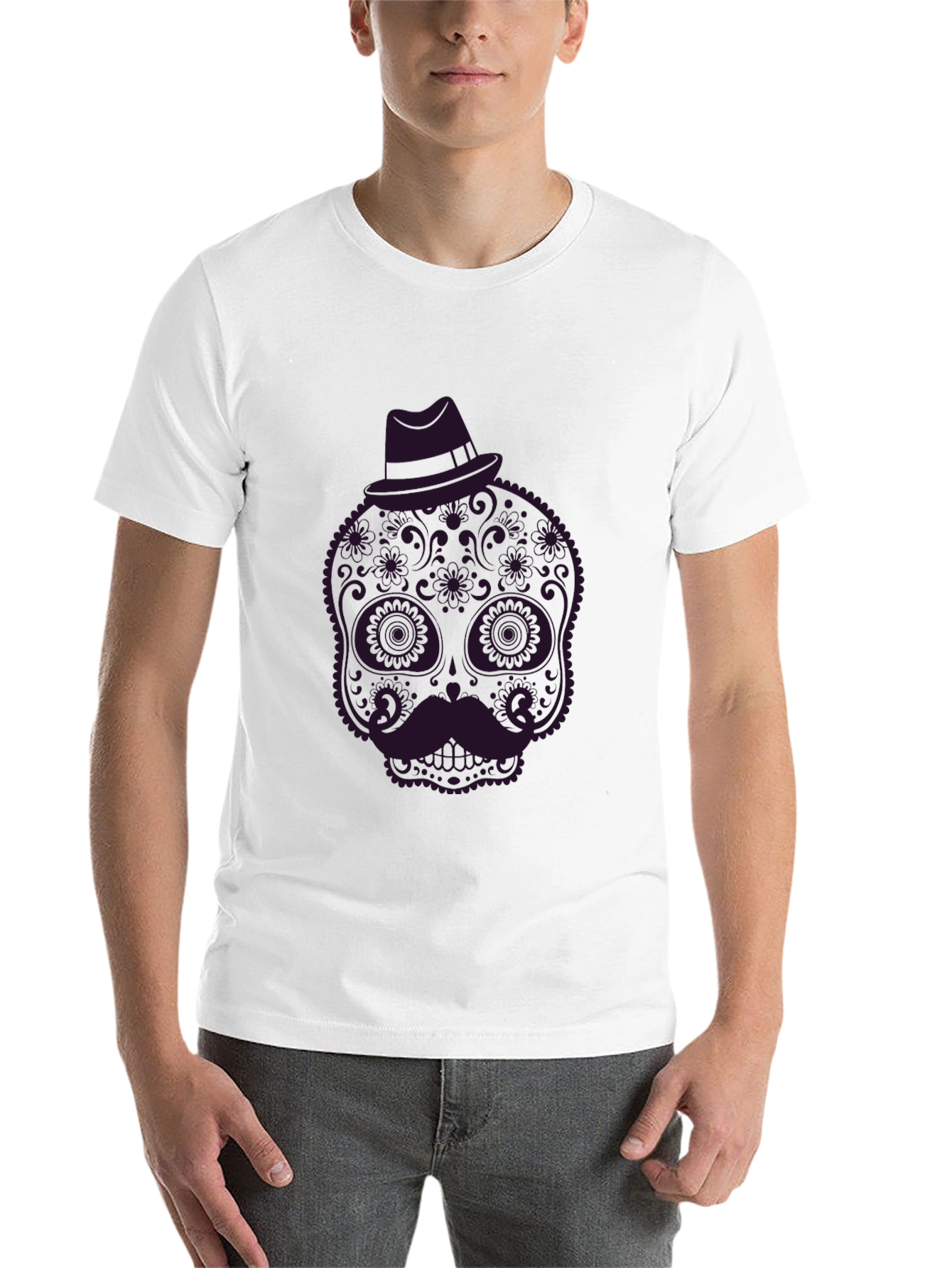 Black Sugar Skull Mustache Graphic Tee - Black view 14