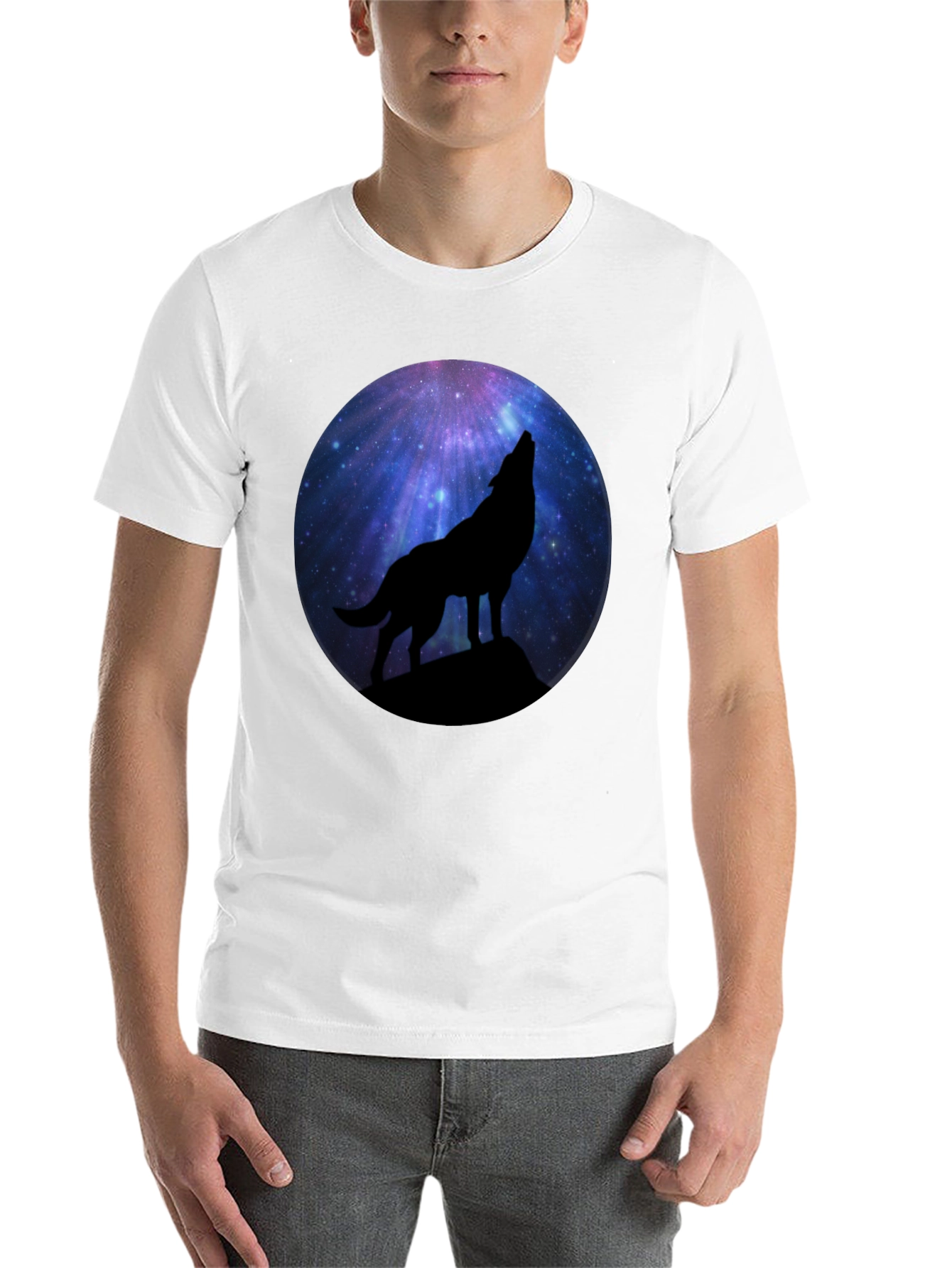 Black Wolf Howling at Galaxy Moon Men's Black T-Shirt view 14