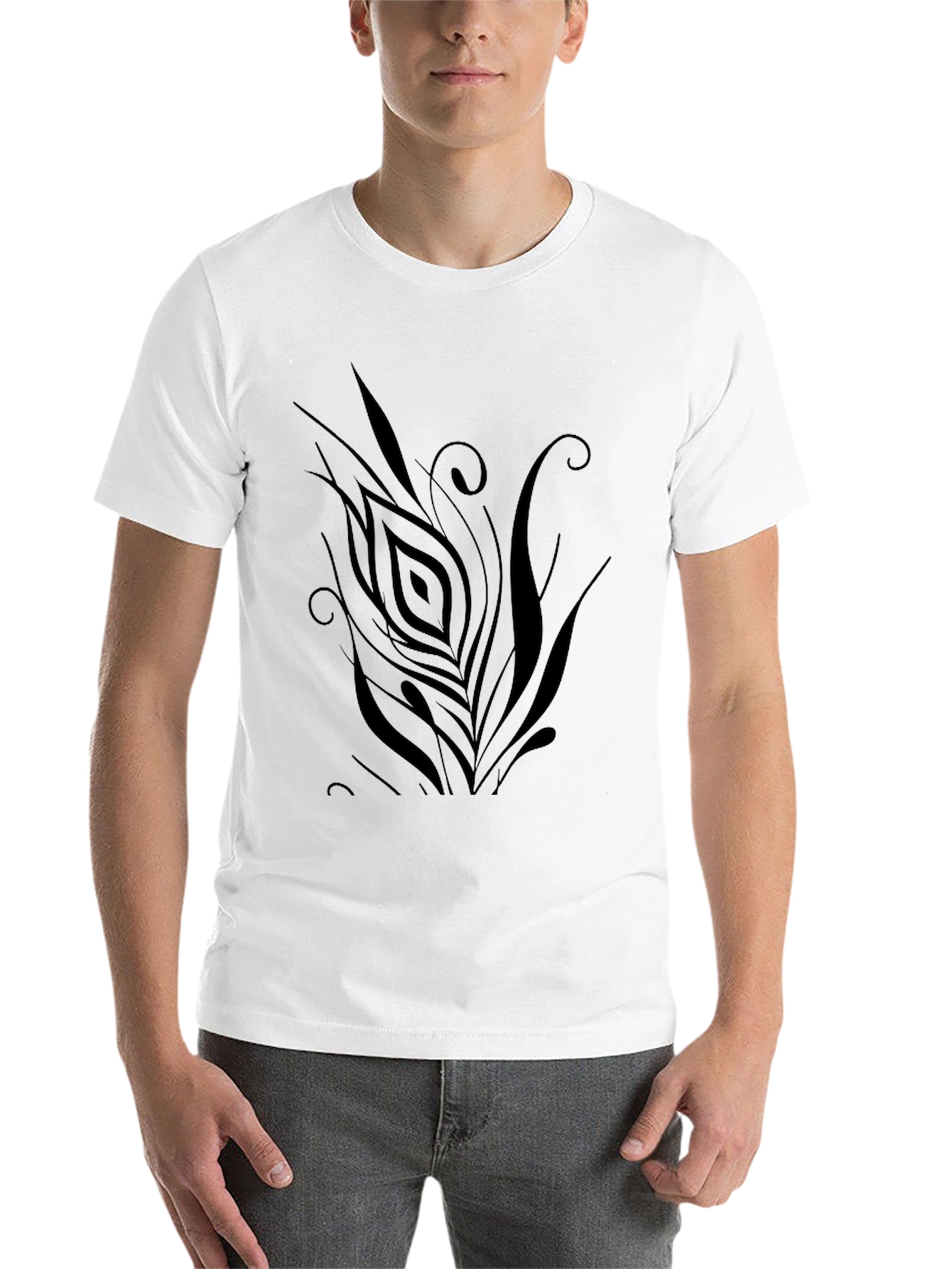 Black Men's Black T-Shirt with Abstract Feather Design view 14