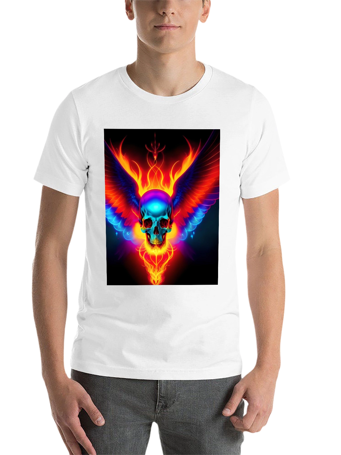 Black Flaming Skull Wings Graphic Black T-Shirt view 14