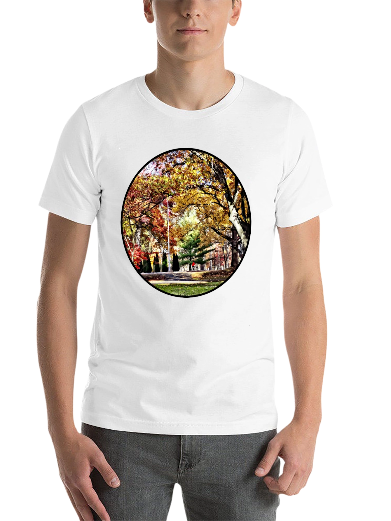 Black Autumn Park Scene Black T-Shirt view 14