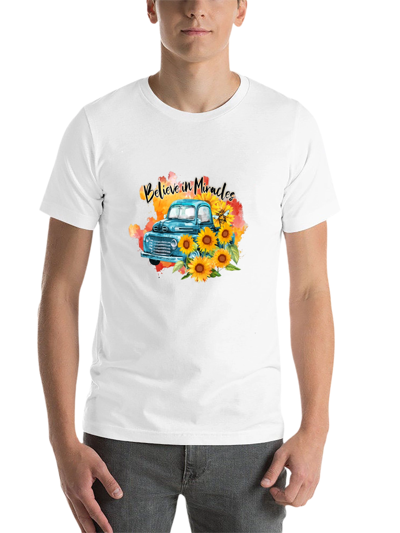 Black Believe in Miracles Sunflower Truck T-Shirt view 14