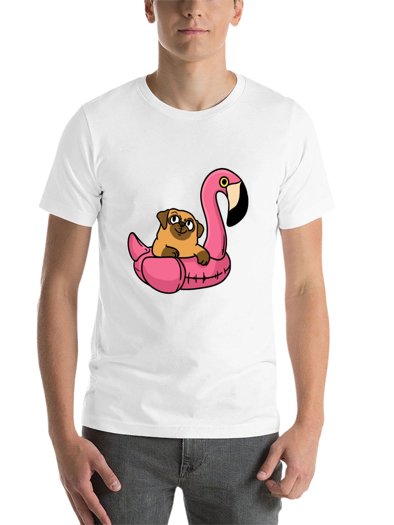 Black Pug on Flamingo Float T-Shirt view 14