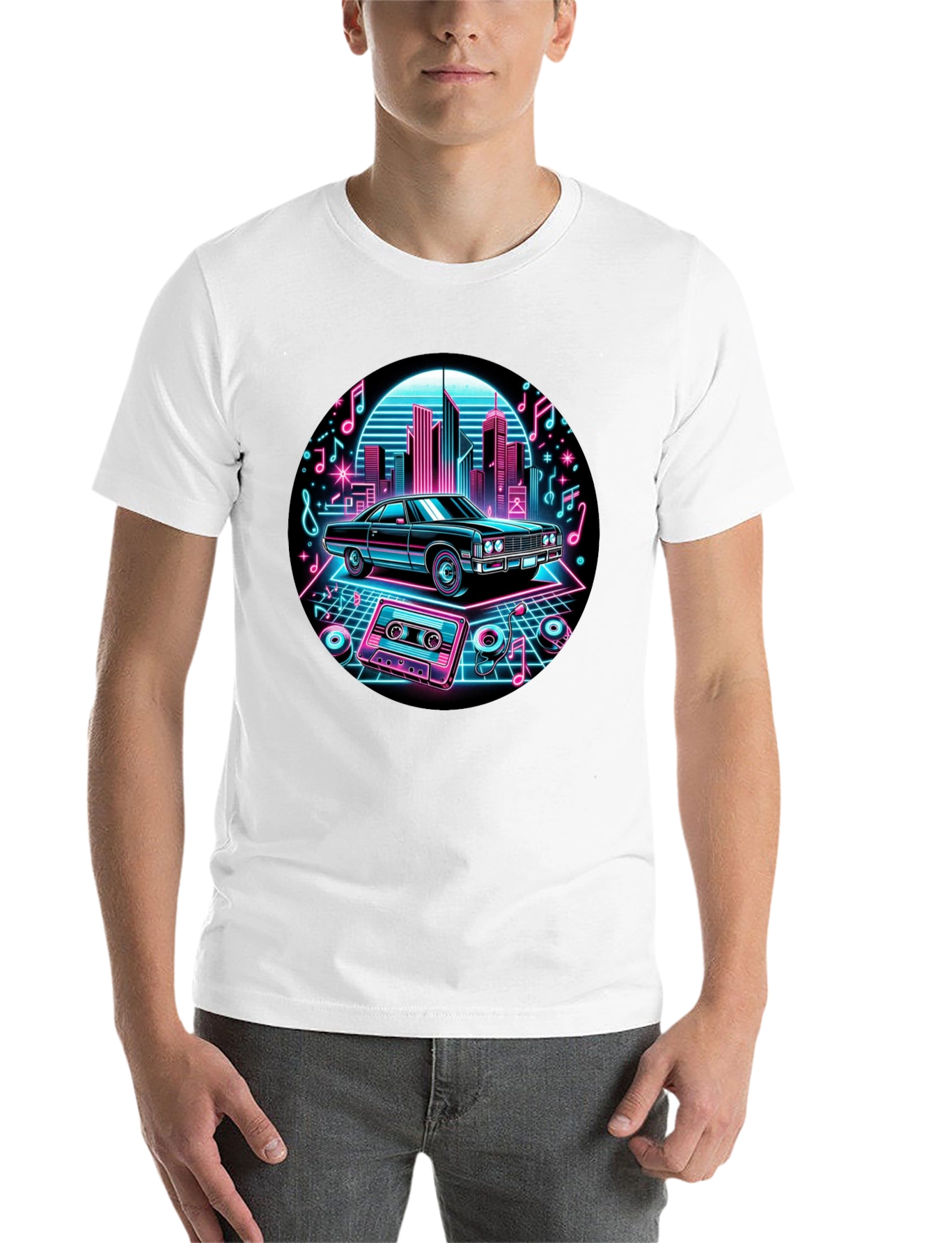 Black Retro Car T-Shirt - Neon Cityscape Design view 14