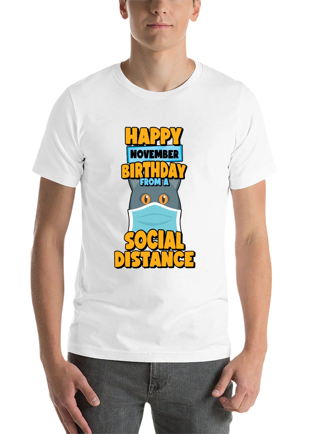 Black Happy November Birthday Social Distance Cat T-Shirt view 14