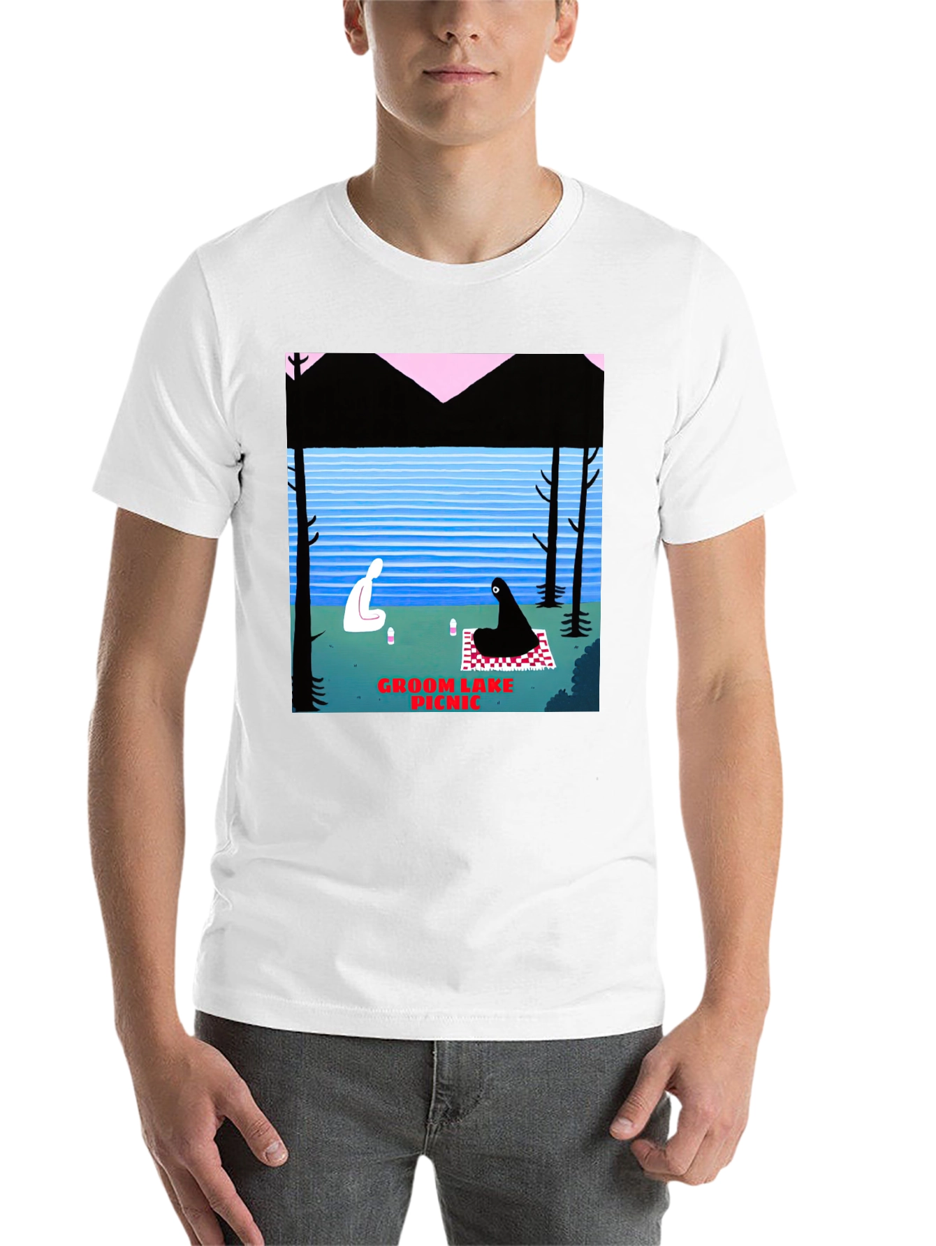 Black Groom Lake Picnic Graphic T-Shirt - Unique Art Tee view 14