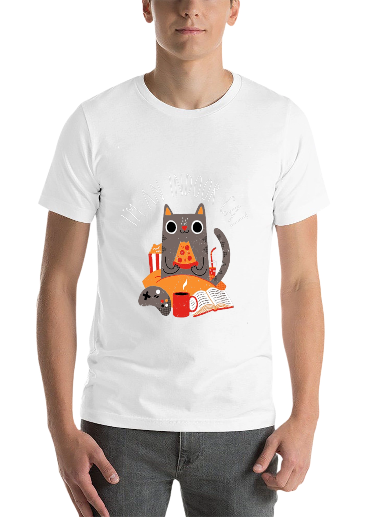 Black Indoor Cat T-Shirt - Gamer & Pizza Lover view 14
