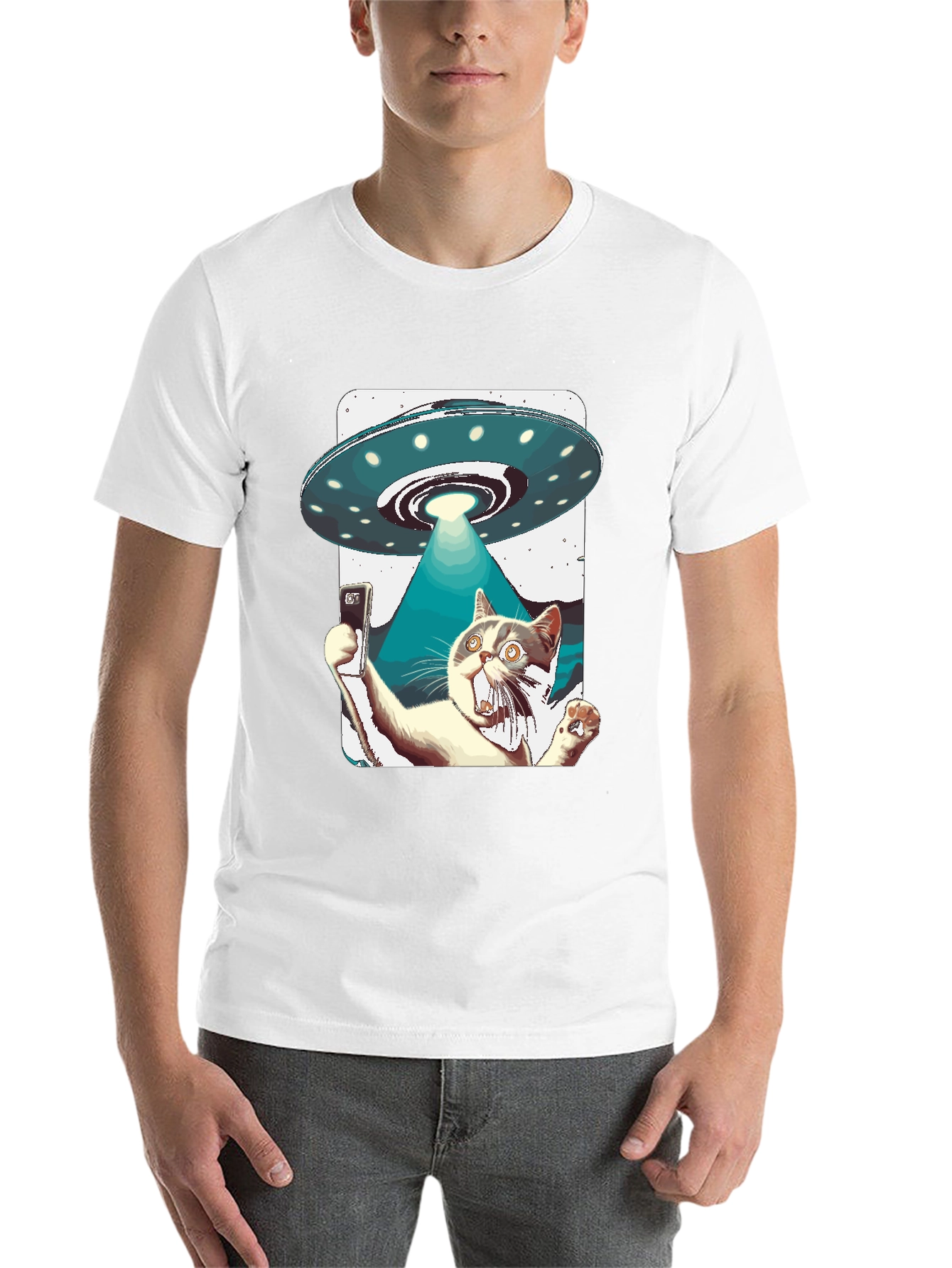 Black Alien Abduction Cat Selfie T-Shirt view 14
