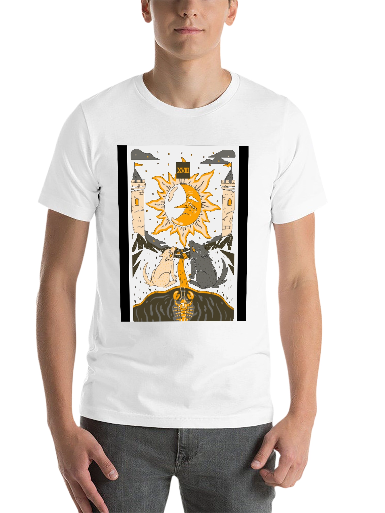 Black Moon Tarot Card T-Shirt - Lunar Wolves Design view 14