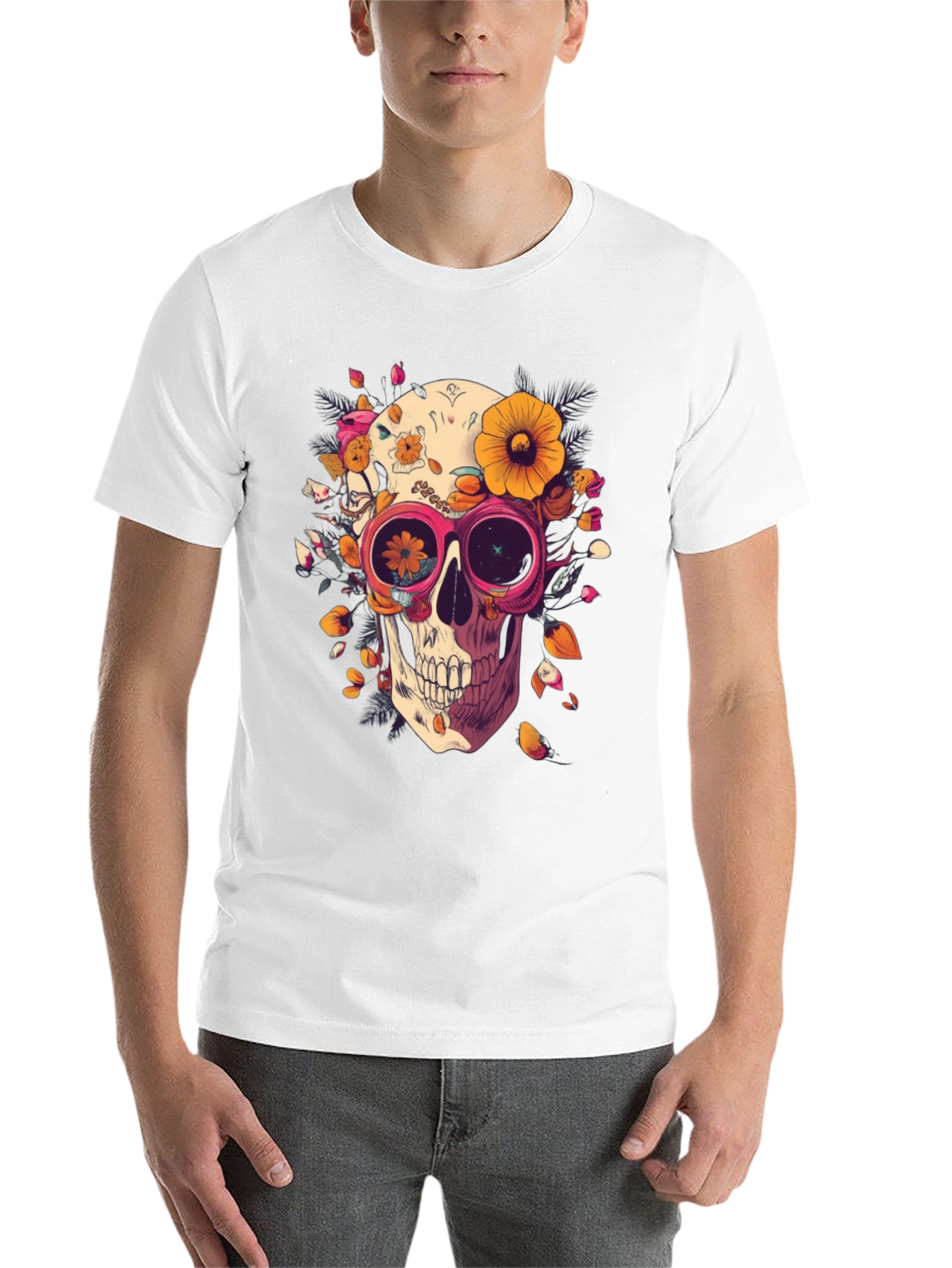 Black Floral Skull Graphic Tee - Unique Unisex T-Shirt view 14