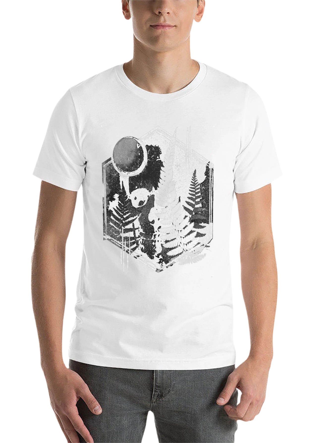 Black Fern Forest Panda Black T-Shirt - Nature Inspired Graphic Tee view 14