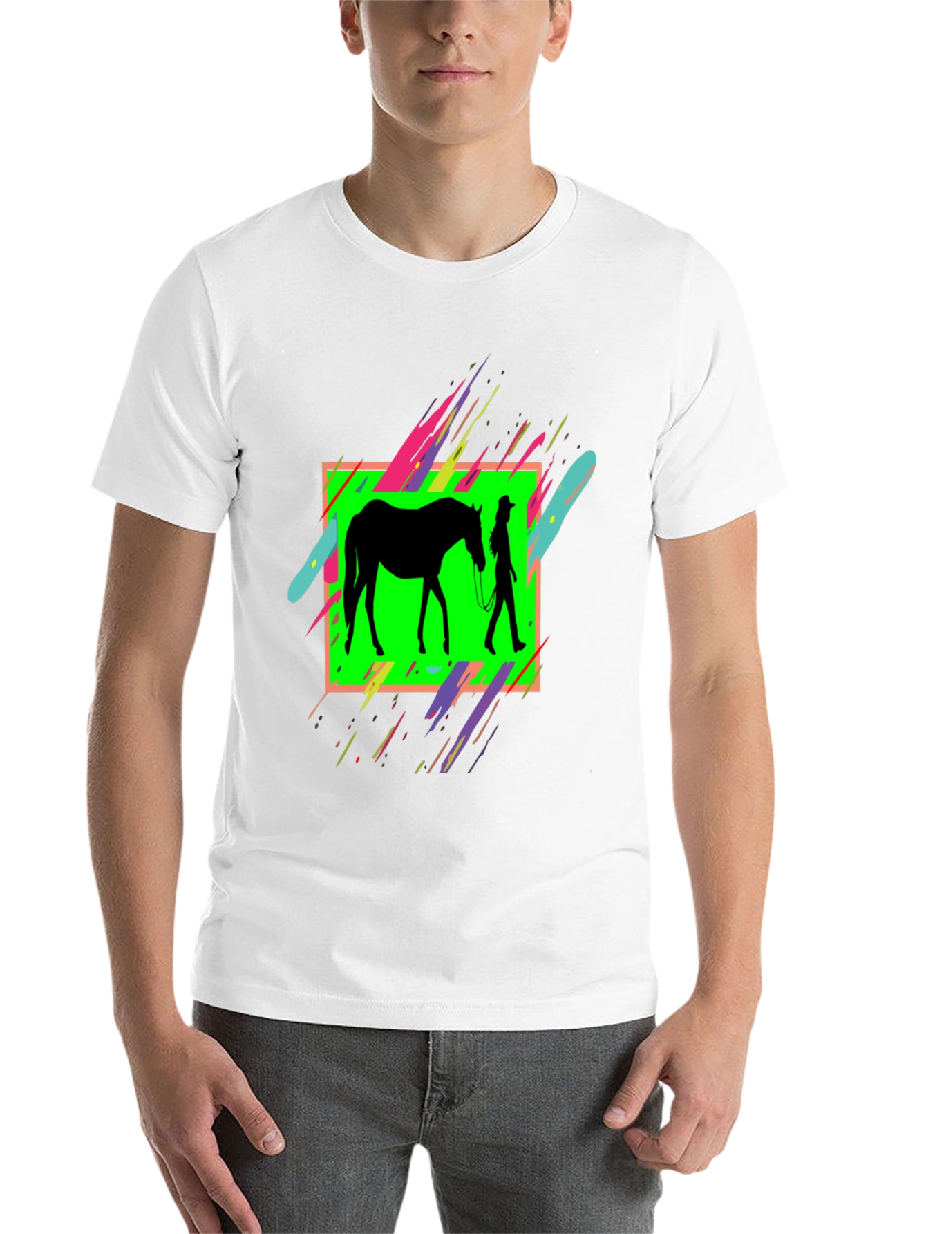 Black Horse & Rider Graphic Tee - Neon Silhouette Design view 14