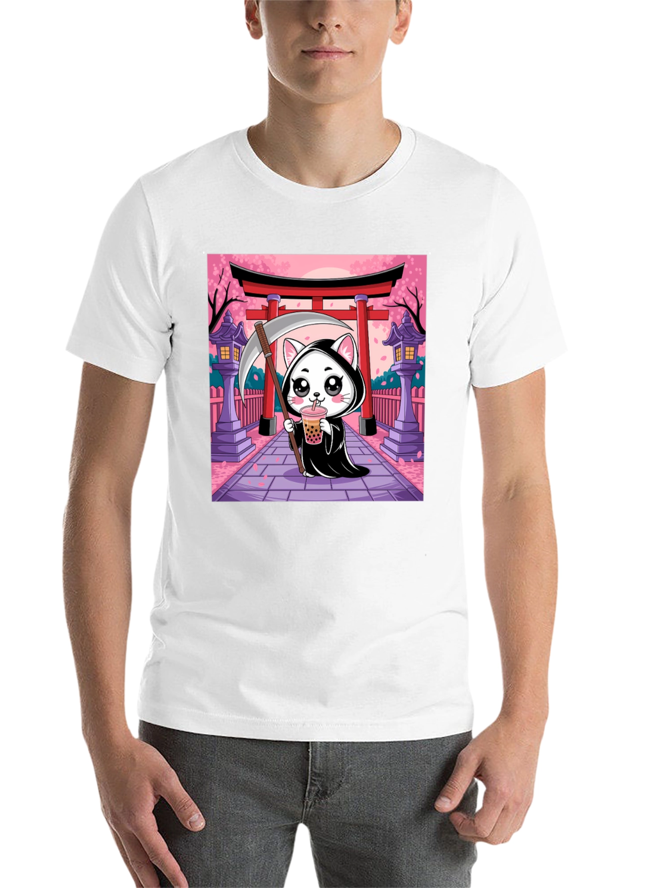 Black Kawaii Grim Reaper Cat T-Shirt view 14