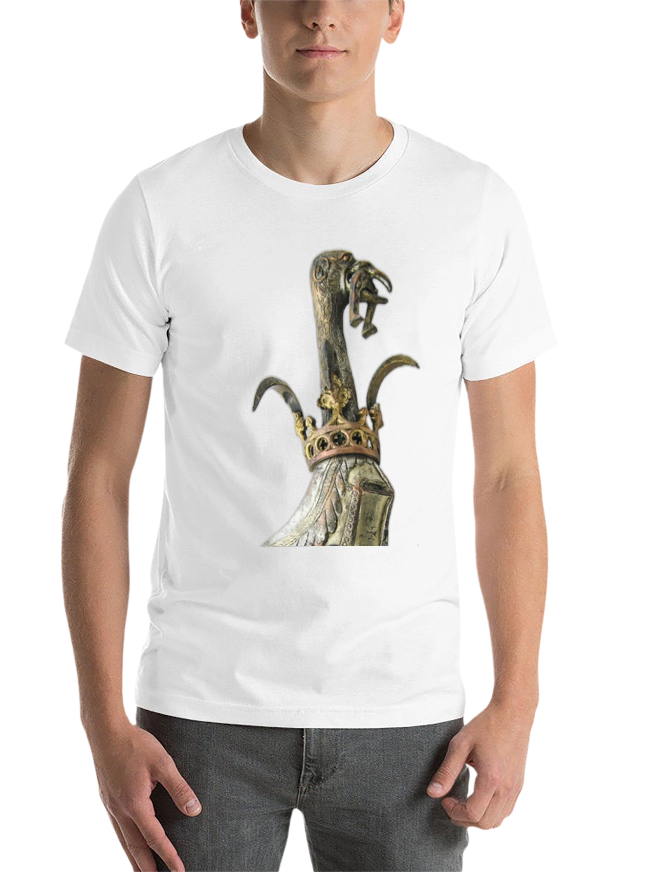 Black Black T-Shirt with Ornate Crown and Bird Scepter Design view 14