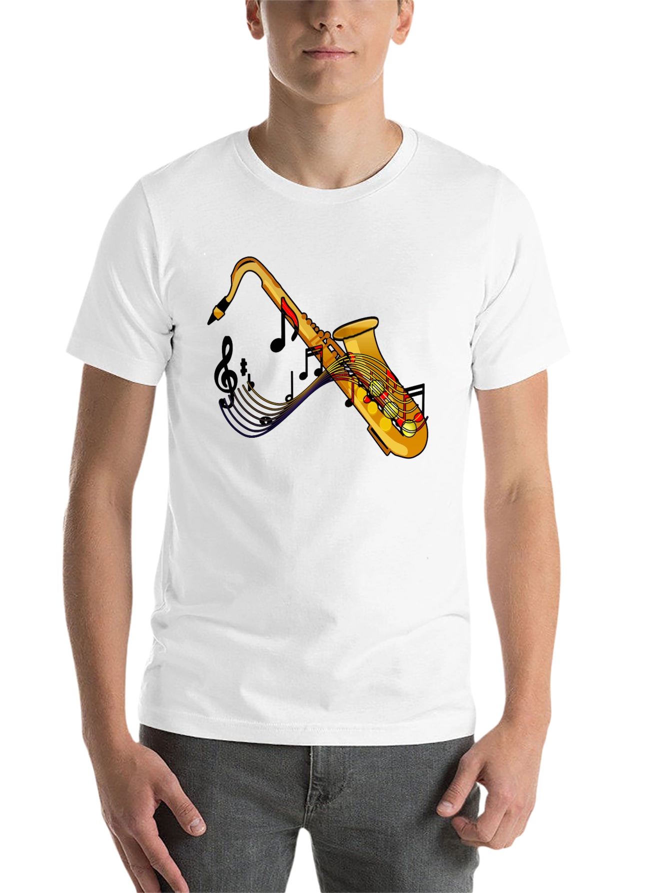 Black Saxophone Music Notes Graphic Black Tee Shirt view 14