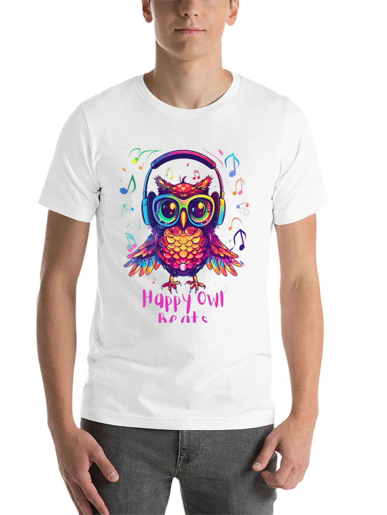 Black Happy Owl Beats T-Shirt - Colorful Music Lover Tee view 14