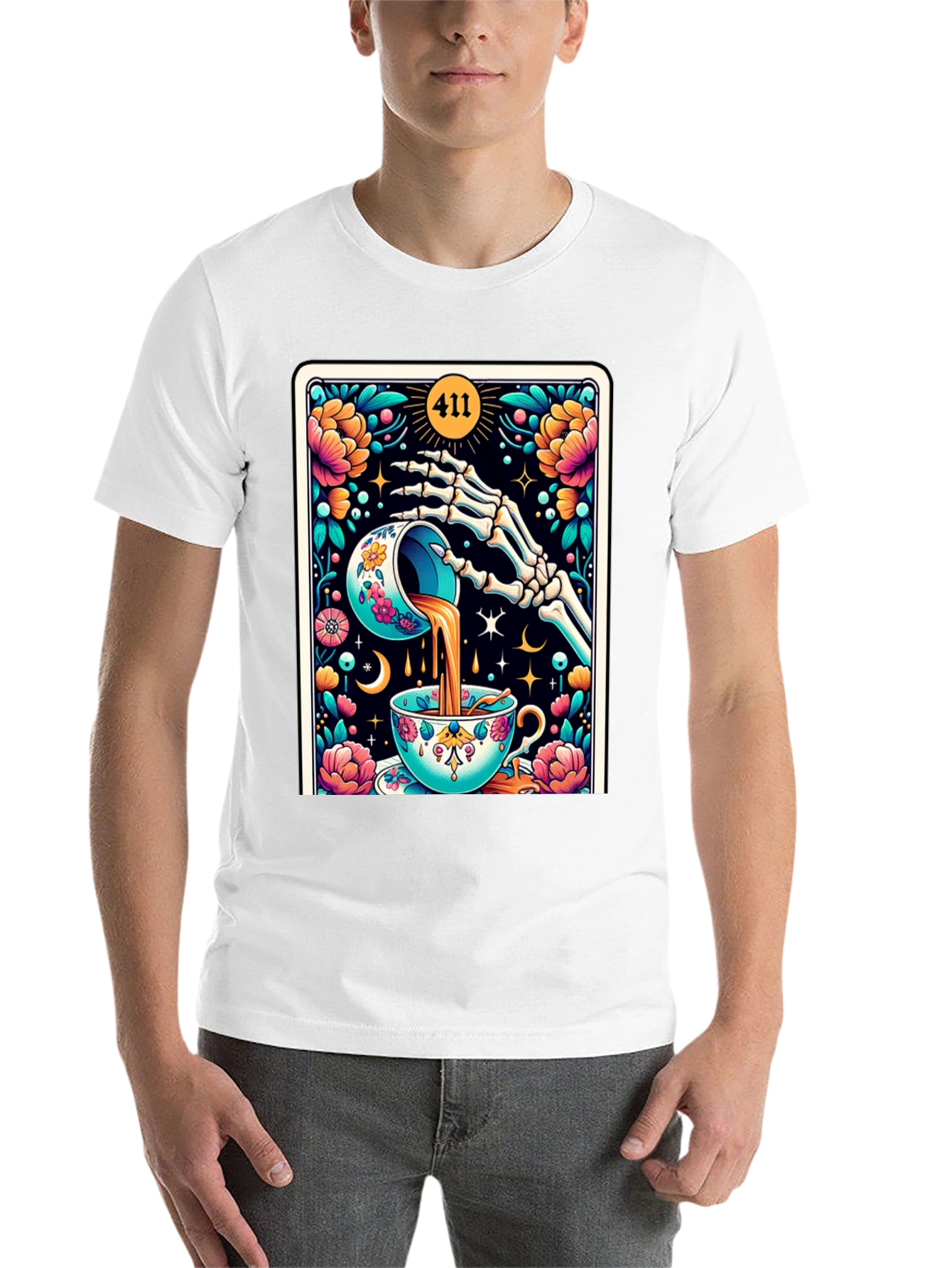 Black Floral Skeleton Tea Cup Tarot Graphic Tee view 14