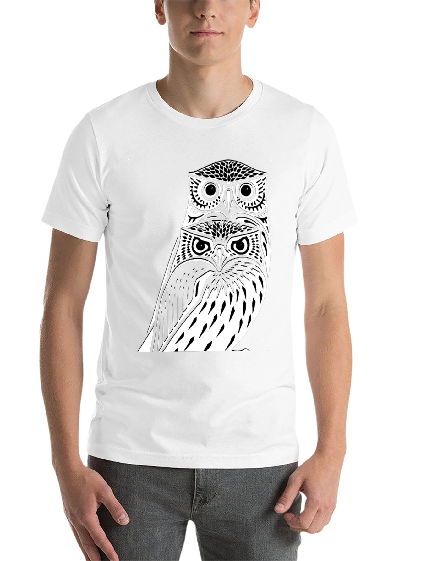 Black Stacked Owl Graphic Tee - Black Cotton Blend view 14