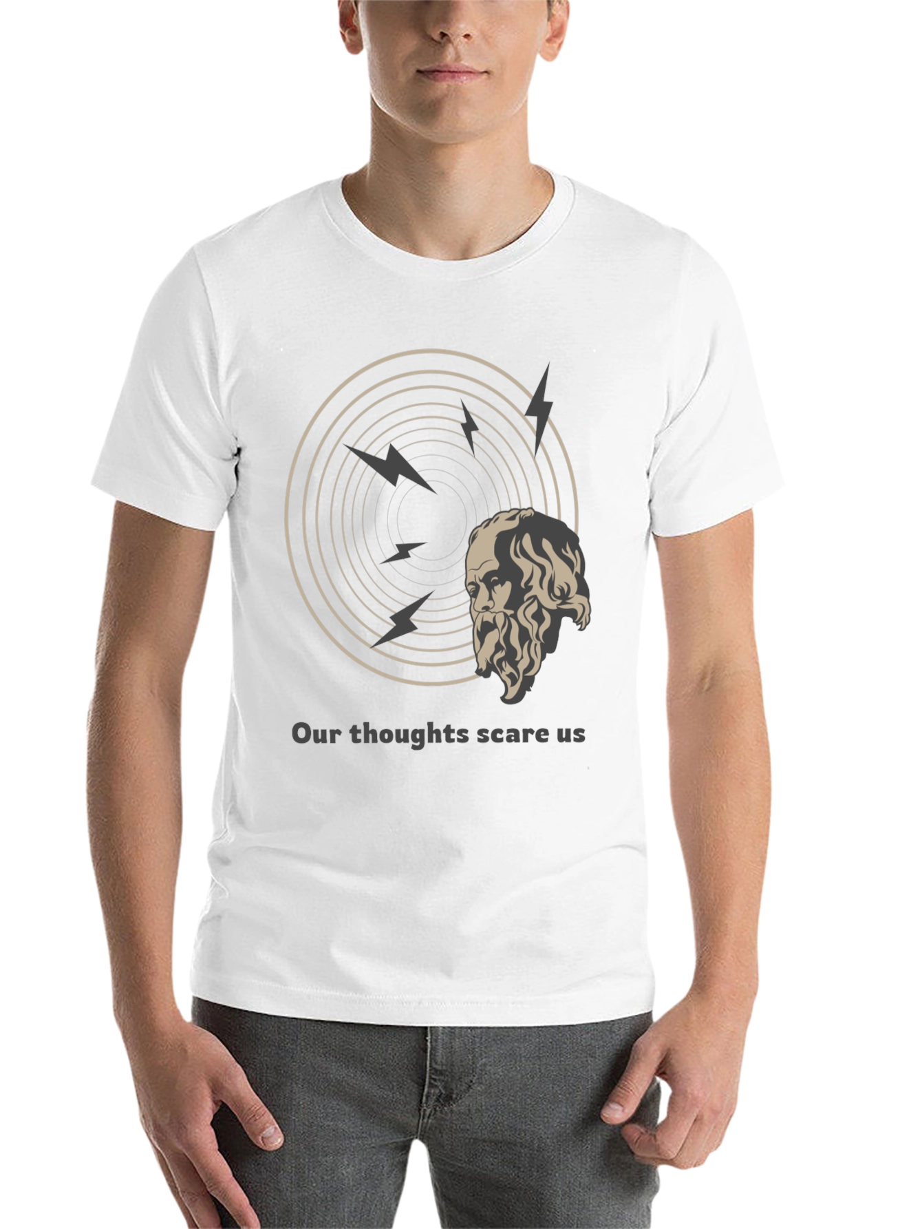 Black Philosophical T-Shirt: Our Thoughts Scare Us Tee view 14